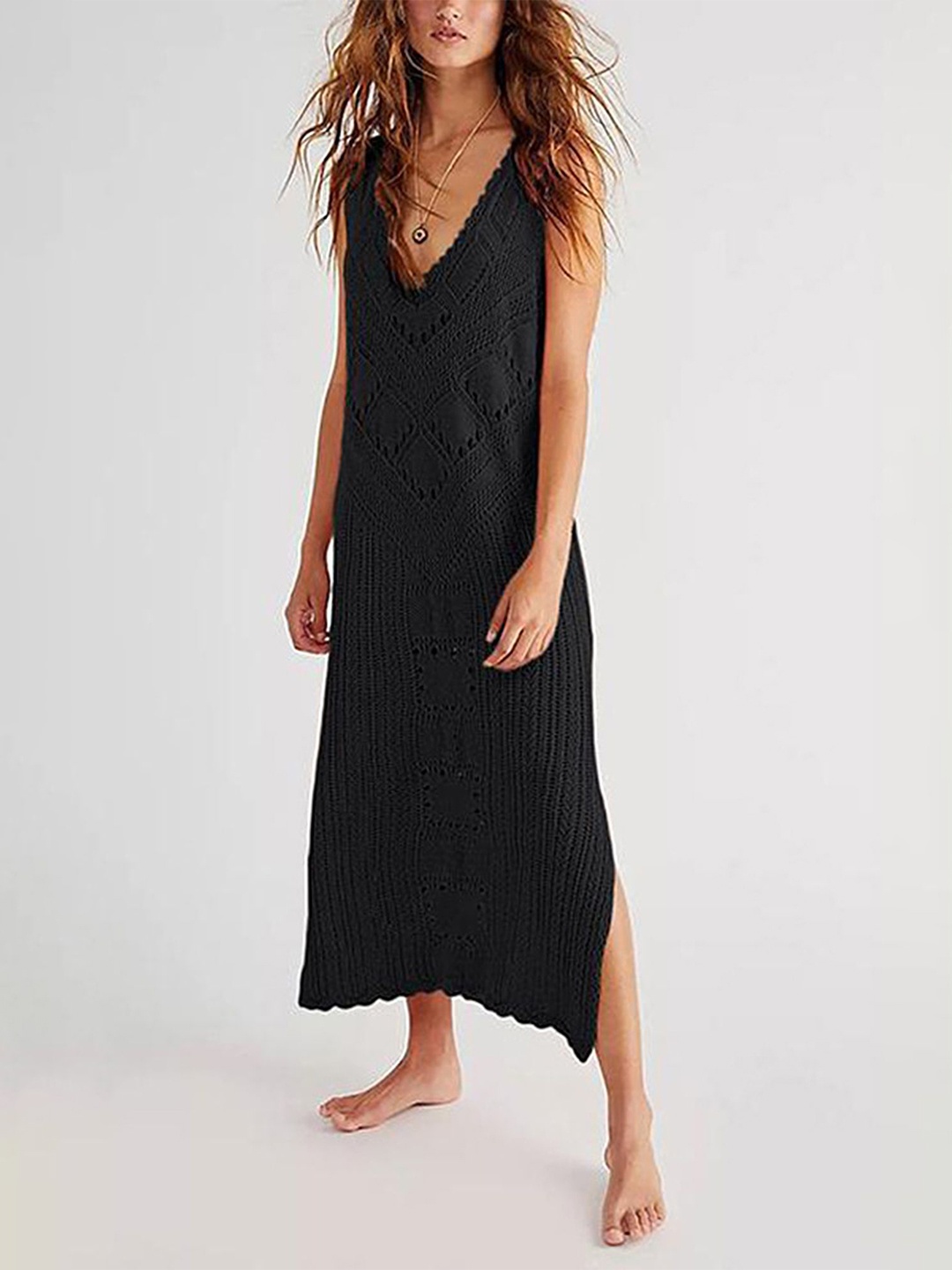 

LULU & SKY Self Design Cotton A-Line Midi Dress, Black