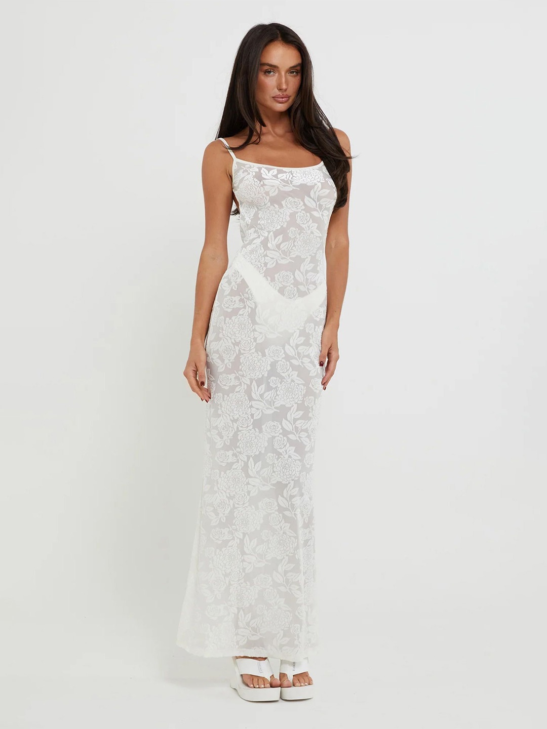 

LULU & SKY Self Design Shoulder Straps Sheath Maxi Dress, White