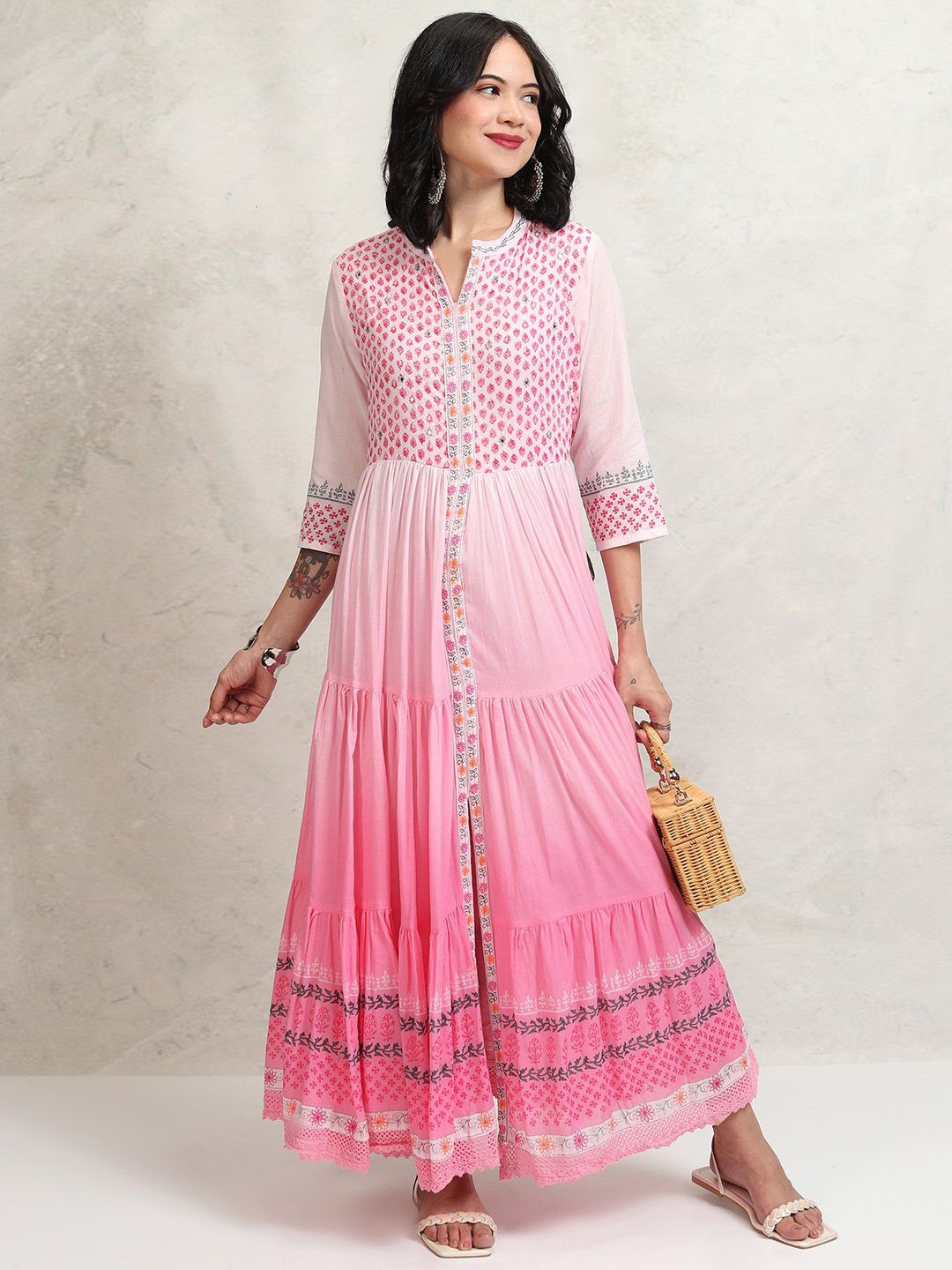 

Vishudh Embroidered Ombre Tiered Maxi Ethnic Dress, Pink