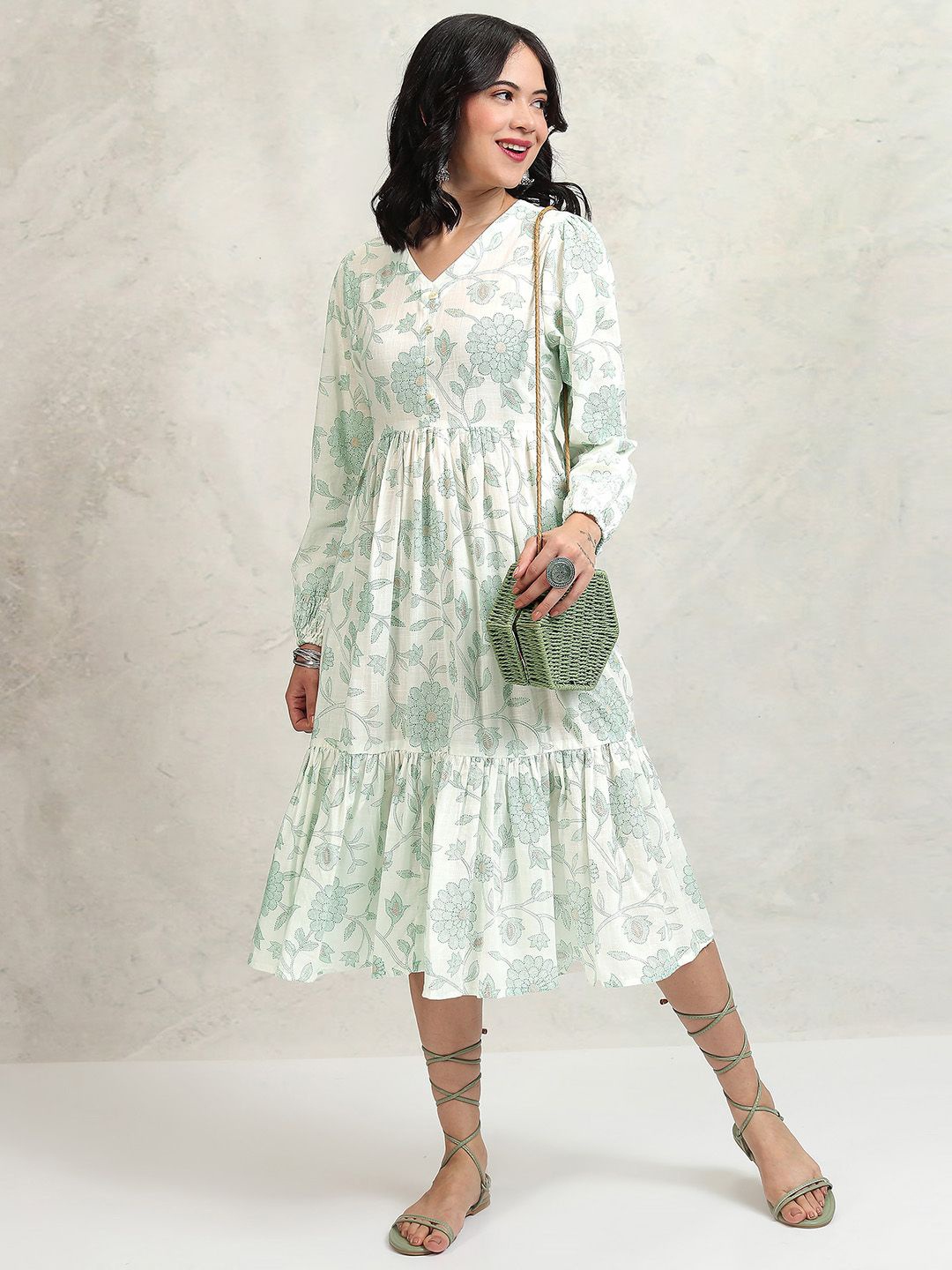 

Vishudh Floral Printed Fit & Flare Midi Dress, Green