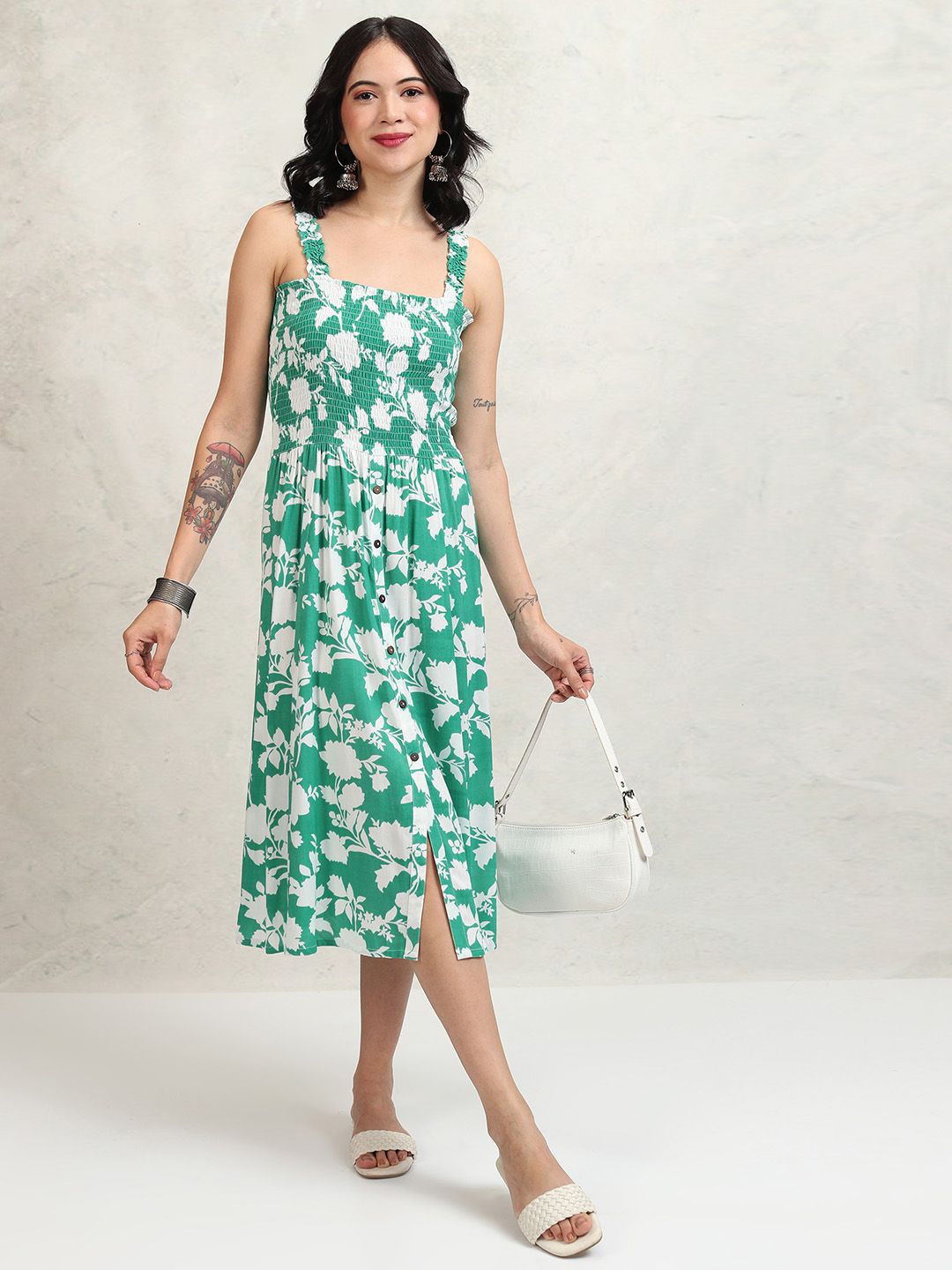 

Vishudh Floral Print A-Line Midi Dress, Green