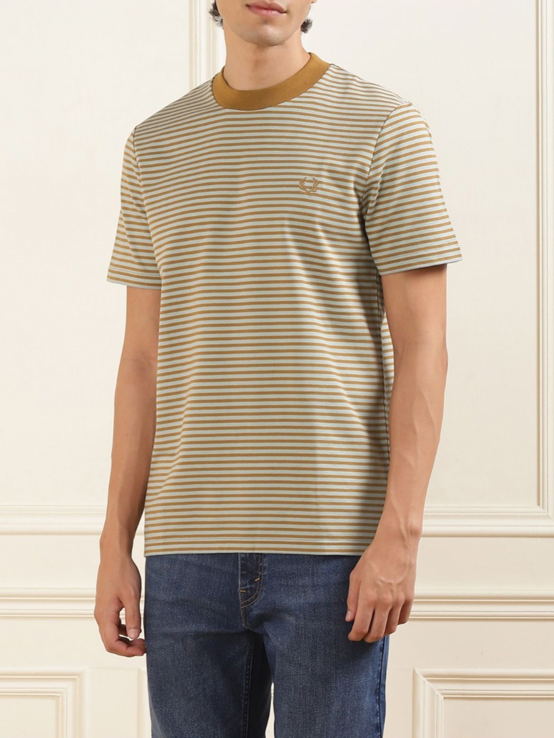 

Fred Perry Men Striped Round Neck Applique T-shirt, Brown