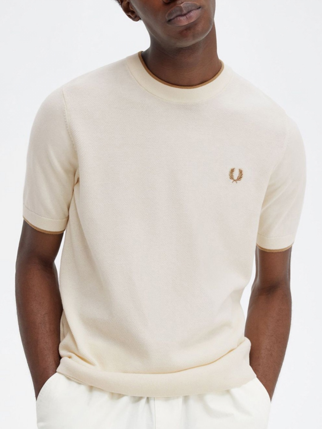 

Fred Perry Men Round Neck Applique Short Sleeves T-shirt, Cream
