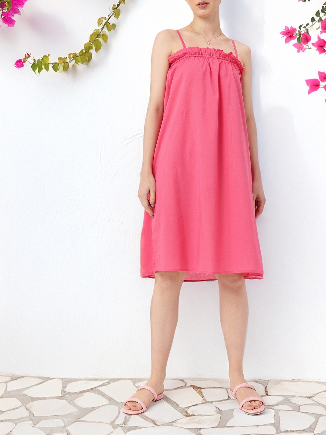 

DressBerry Classy Cute Shoulder Straps Ruffles A-Line Dress, Pink