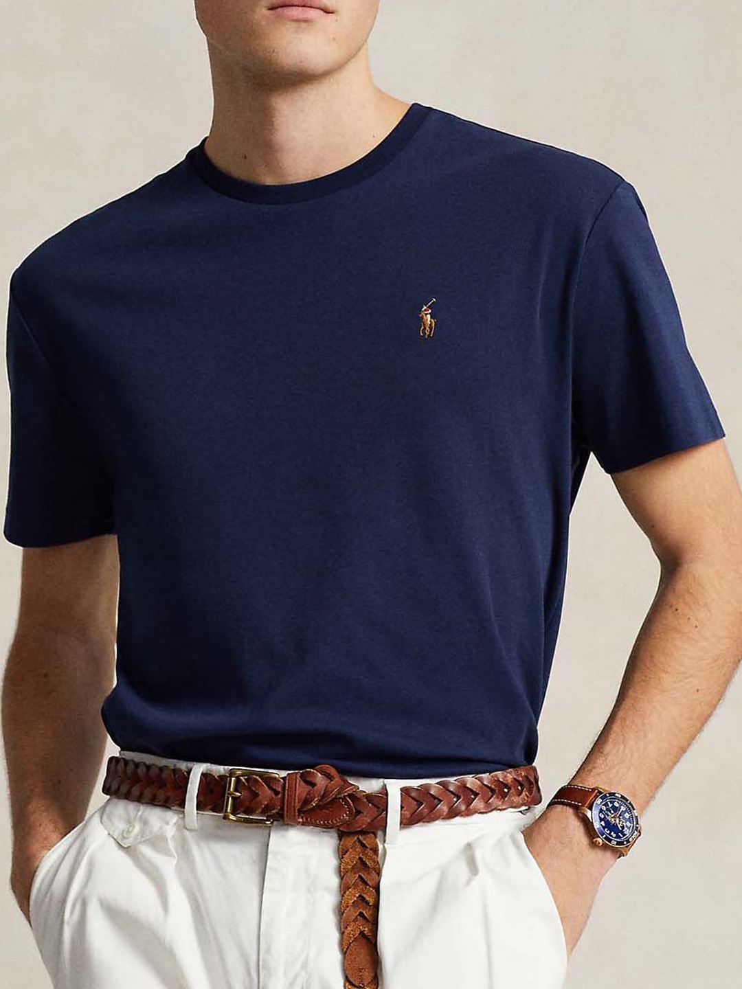 

Polo Ralph Lauren Men Brand Logo Solid Round Neck Cotton T-Shirt, Navy blue