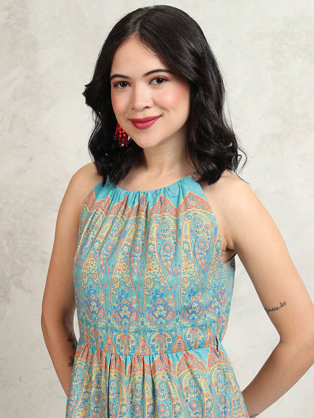 

Vishudh Ethnic Motifs Printed Tiered Maxi Ethnic Dress, Blue