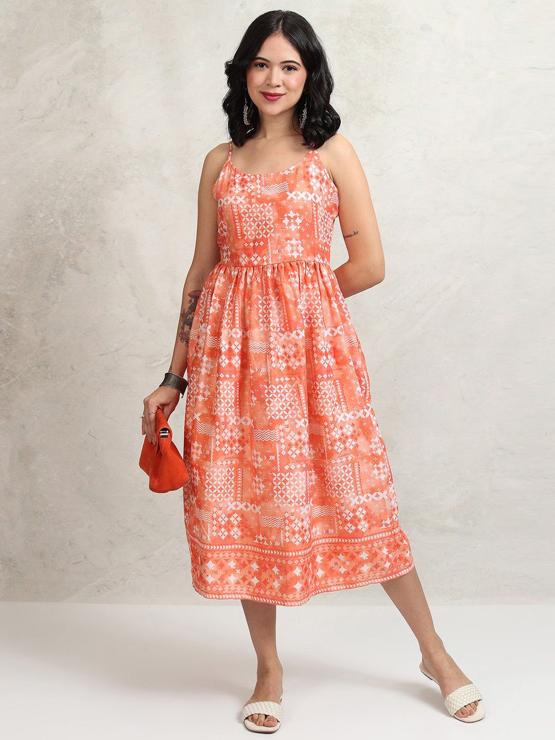 

Vishudh Floral Printed Shoulder Straps Fit and Flare Midi Dress, Peach