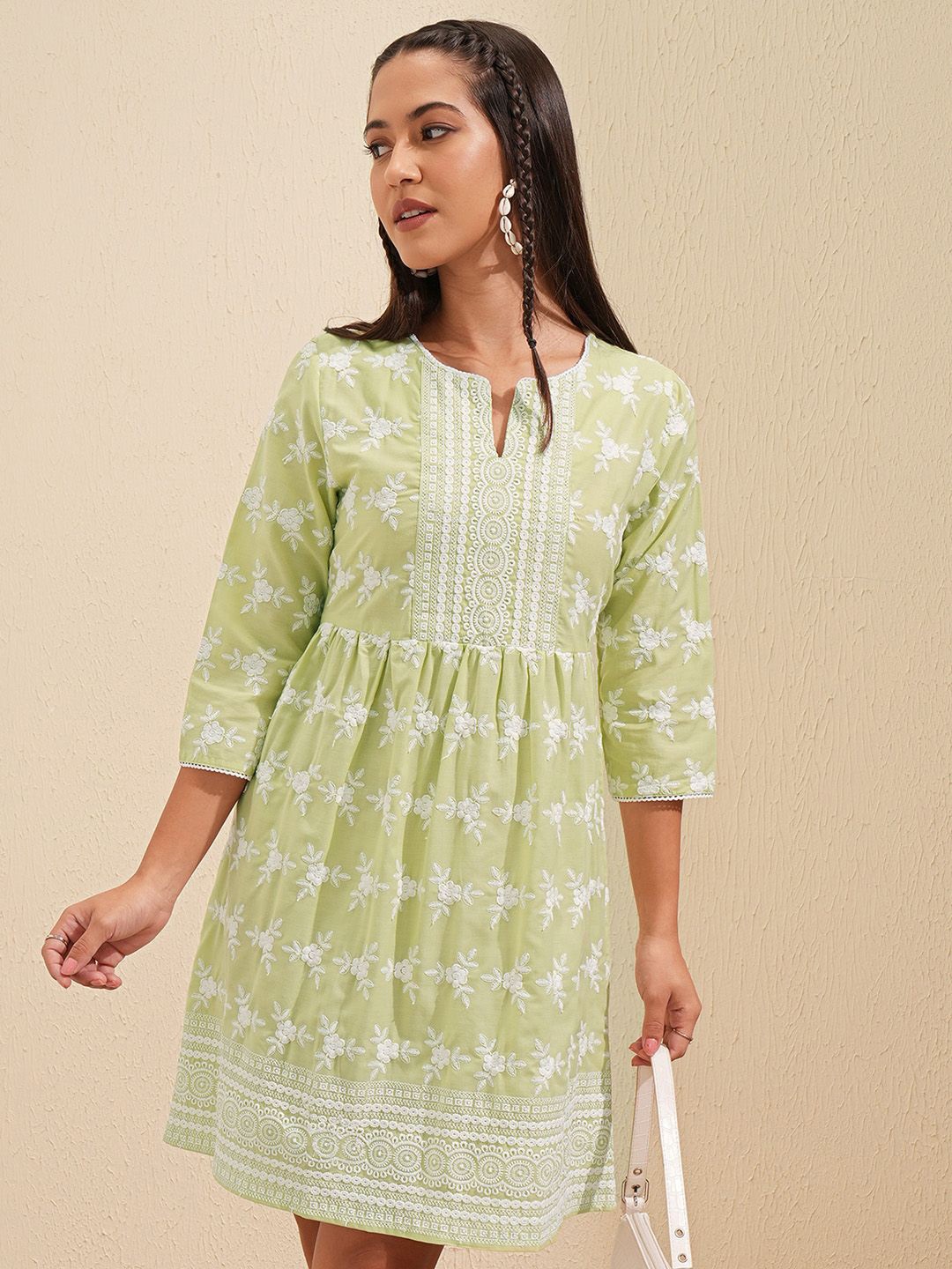 

Vishudh Embroidered Ethnic Motifs Print Fit and Flare Dress, Lime green