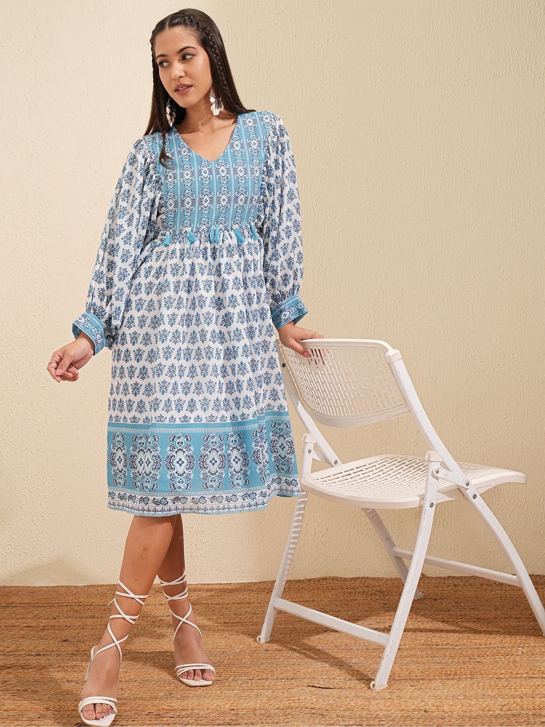 

Vishudh Ethnic Motifs Print Fit and Flare Dress, White