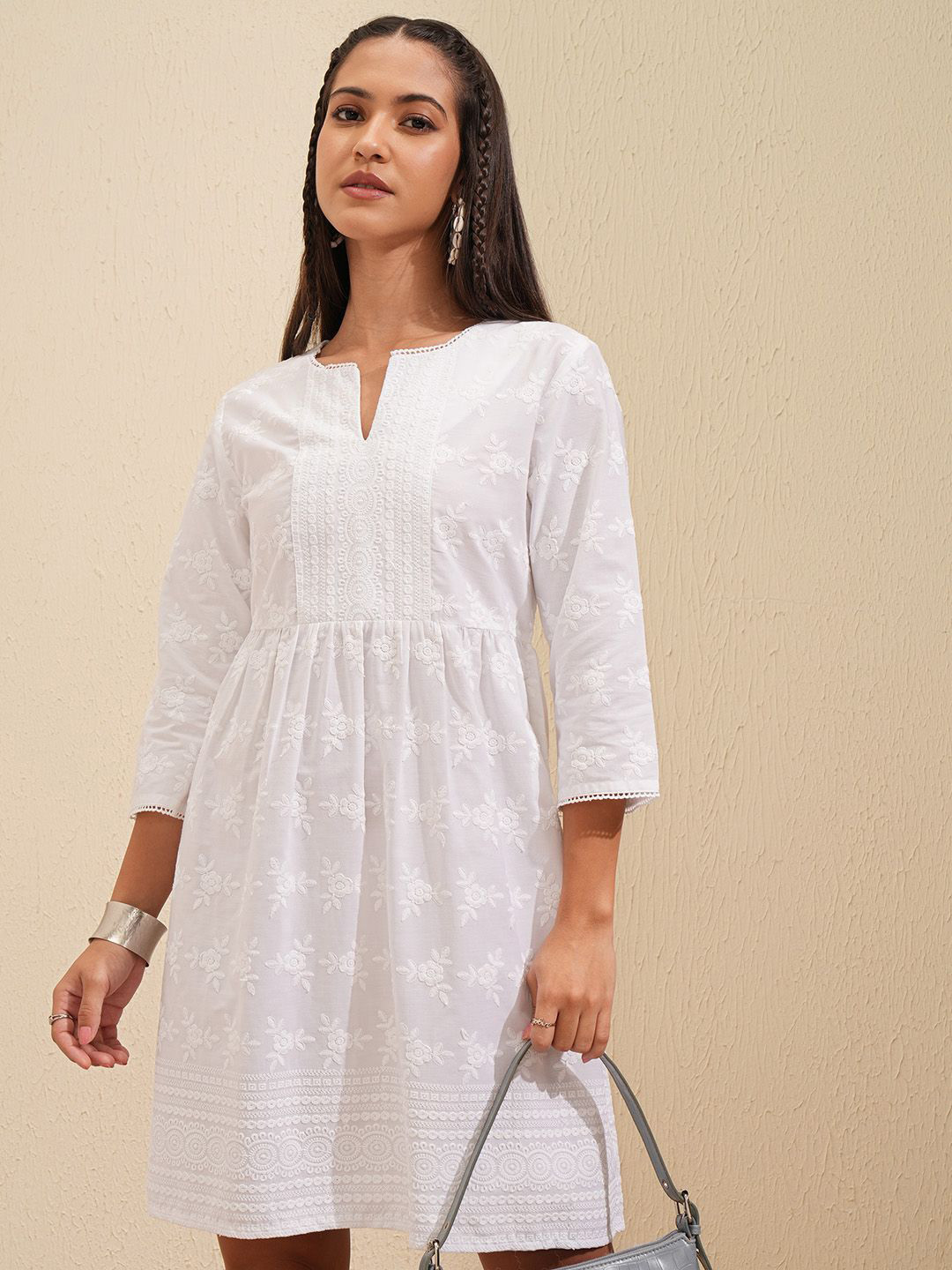 

Vishudh Floral Embroidered A-Line dress, White