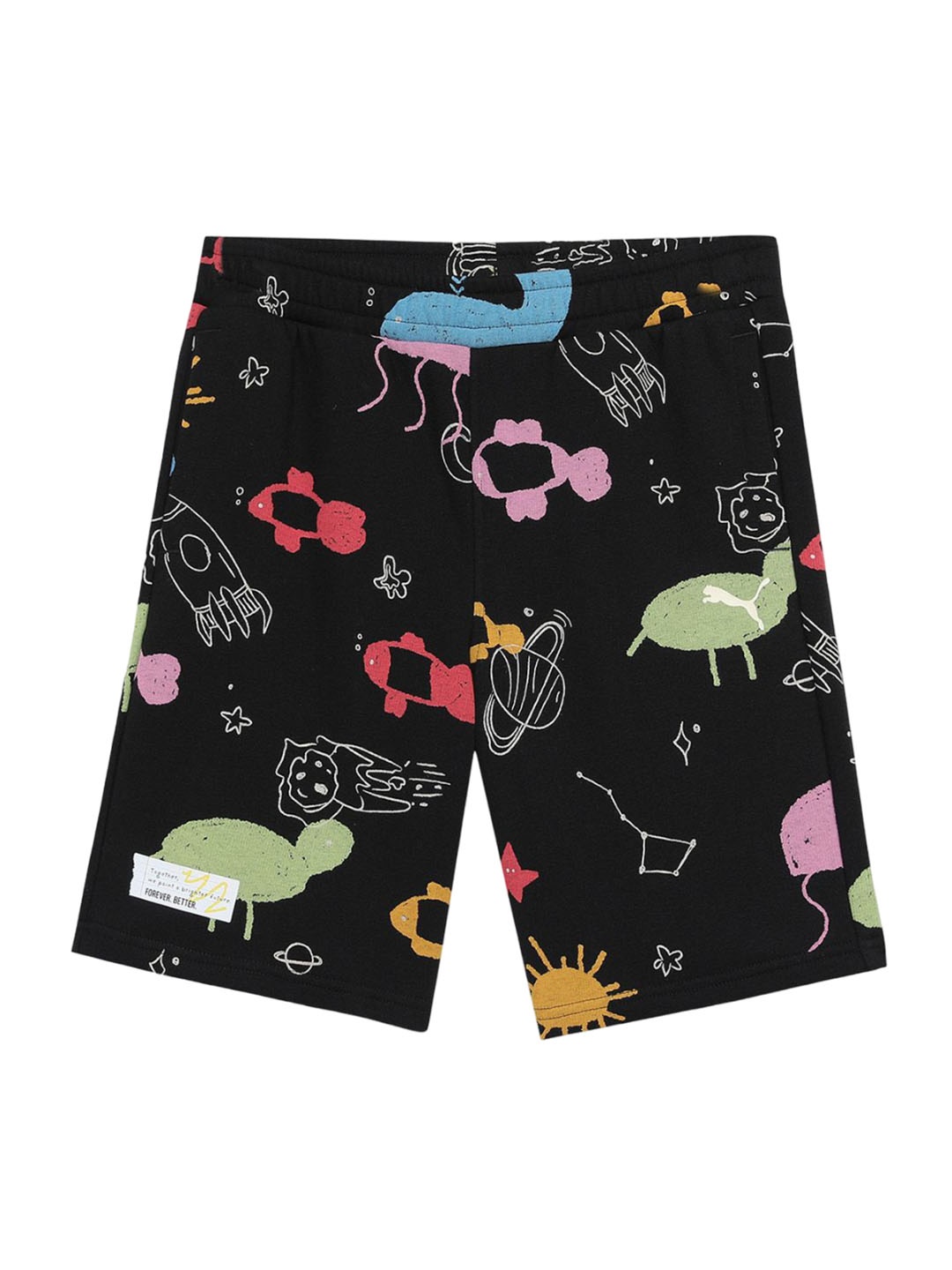 

Puma Unisex Kids Graphic Printed Regular Printed Mid Rise Regular Shorts, Black