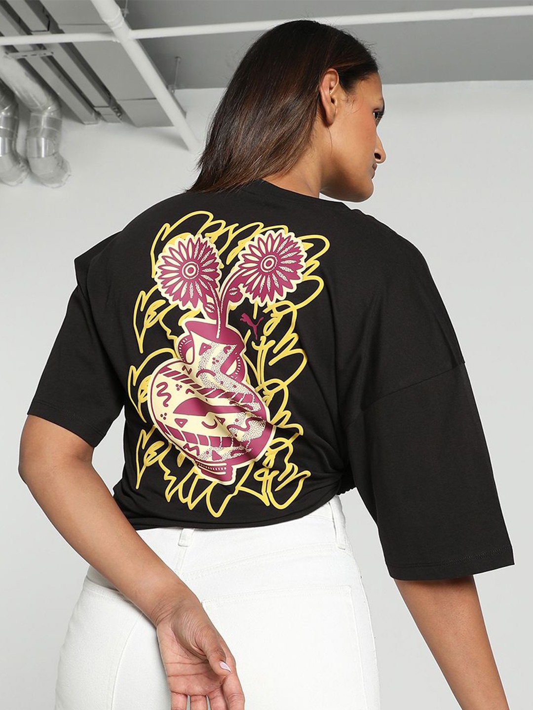 

Puma GRAPHICS BLOOM Printed Cotton Oversized T-Shirt, Black