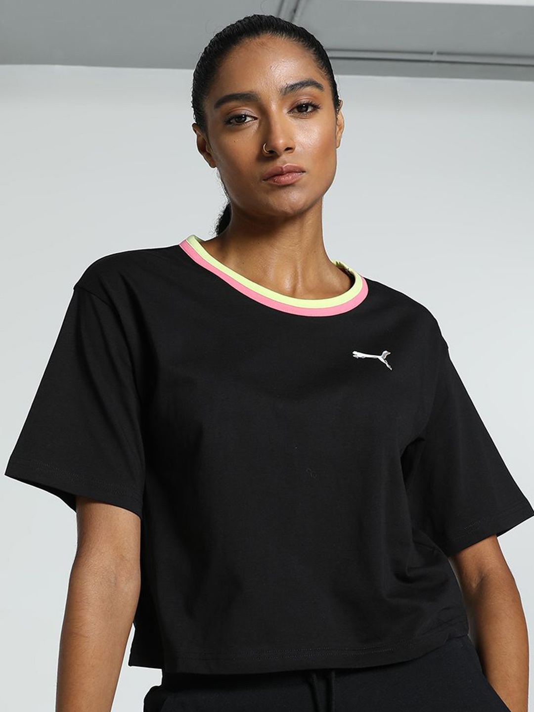 

Puma Women Elevated Brand Logo Printed Relaxed Fit T-shirt, Black