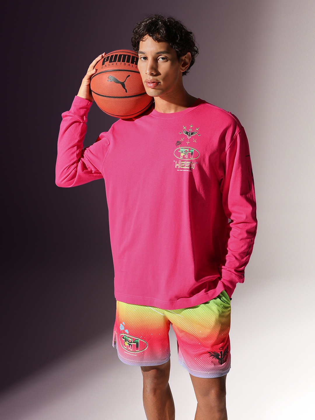 

Puma Melo 1Love Ss Tee Logo Printed Relaxed-Fit Basketball T-Shirts, Pink
