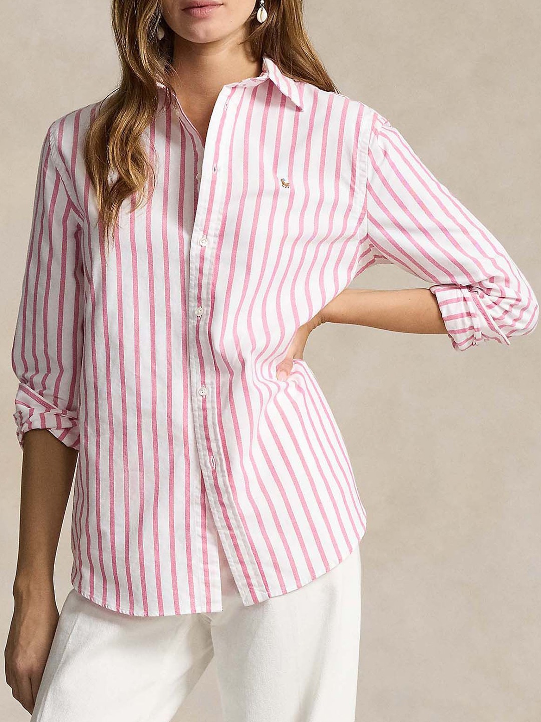 

Polo Ralph Lauren Women Striped Cotton Relaxed Fit Oxford Shirt, White