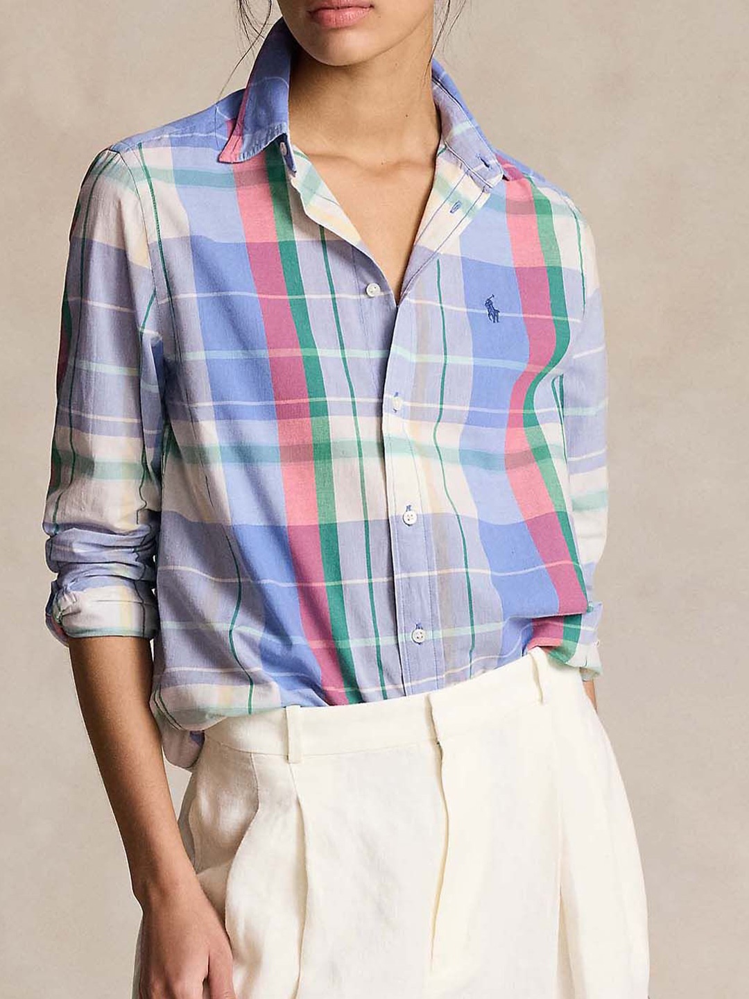 

Polo Ralph Lauren Women Chequered Logo Printed Cotton Shirt, Blue