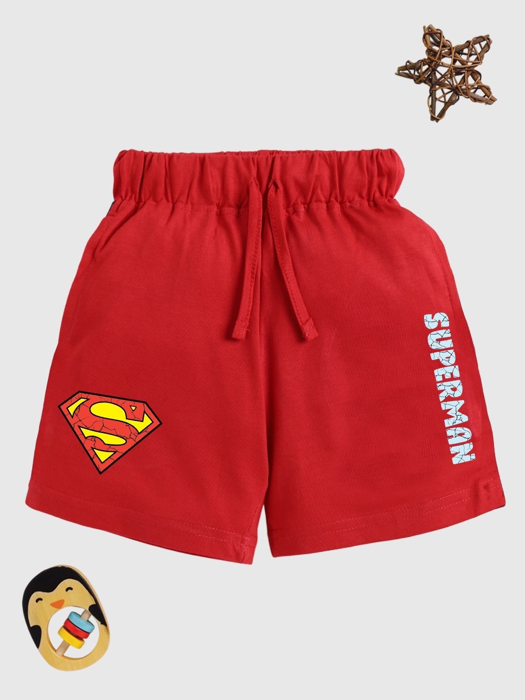 

YK X Minute Mirth Boys Superman Printed Pure Cotton Shorts, Red
