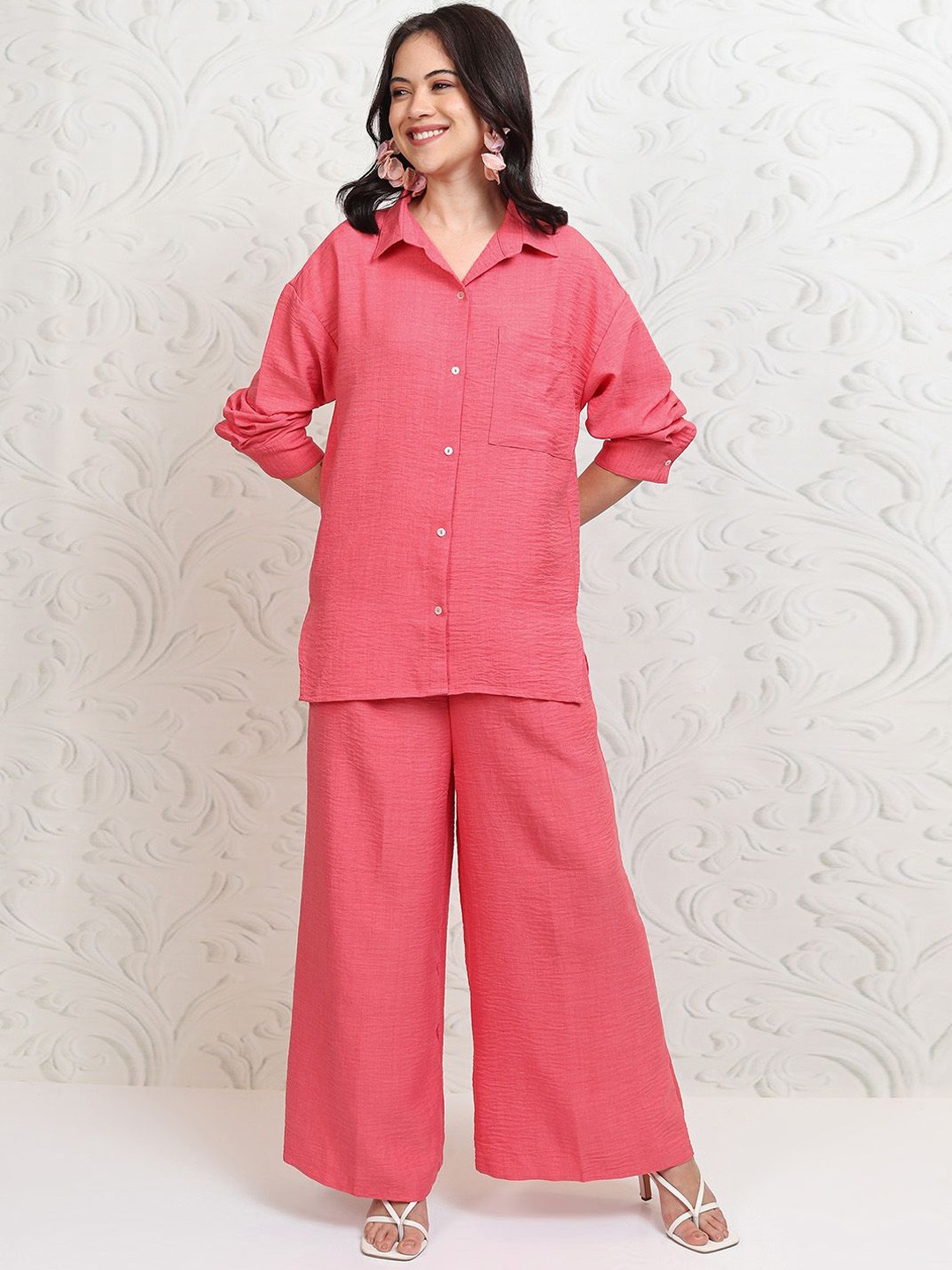 

Vishudh Collared Coral Pink Long Sleeves Shirt With Palazzos