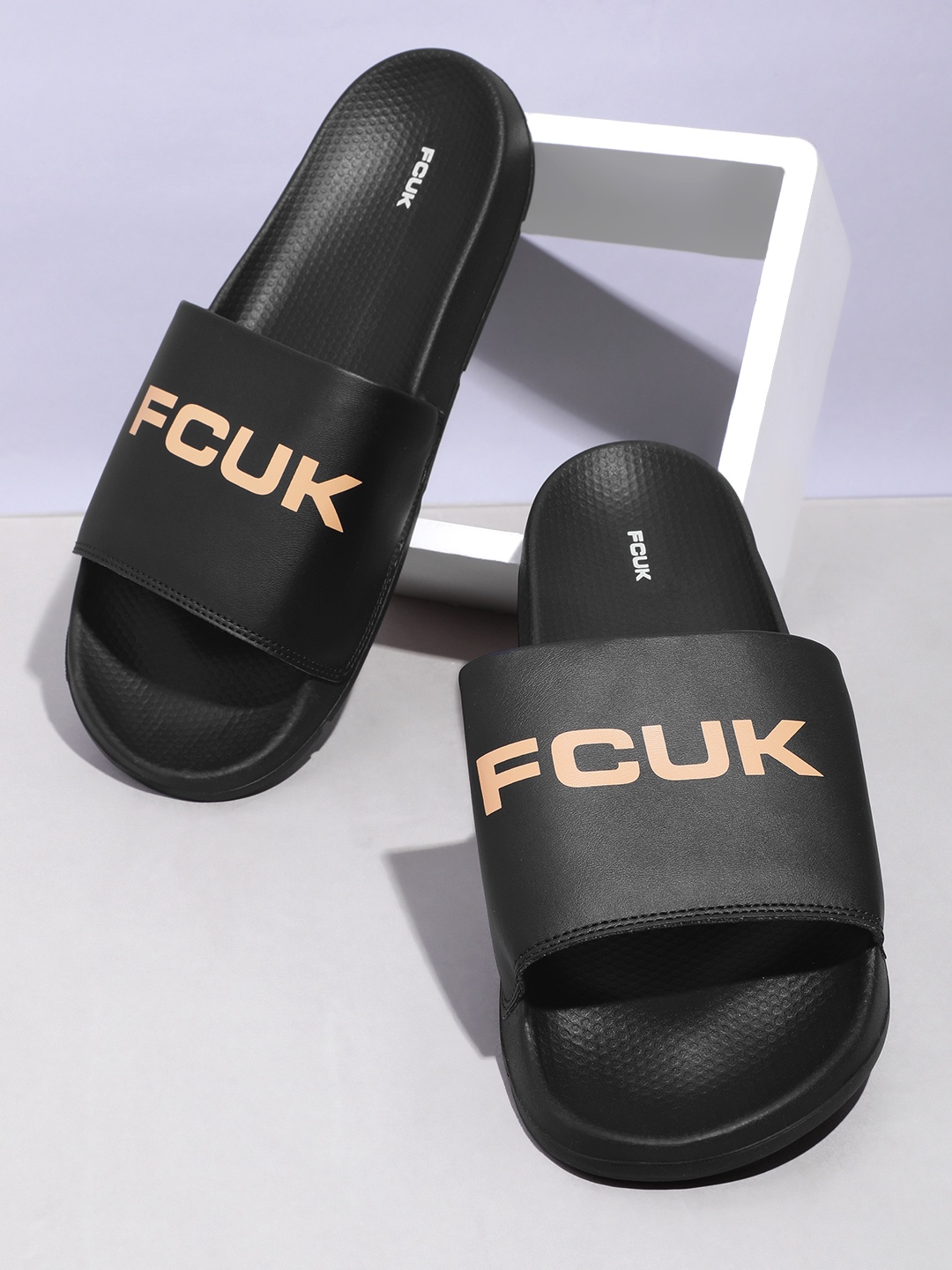 

FCUK Men Barnd Logo Printed Sliders, Black