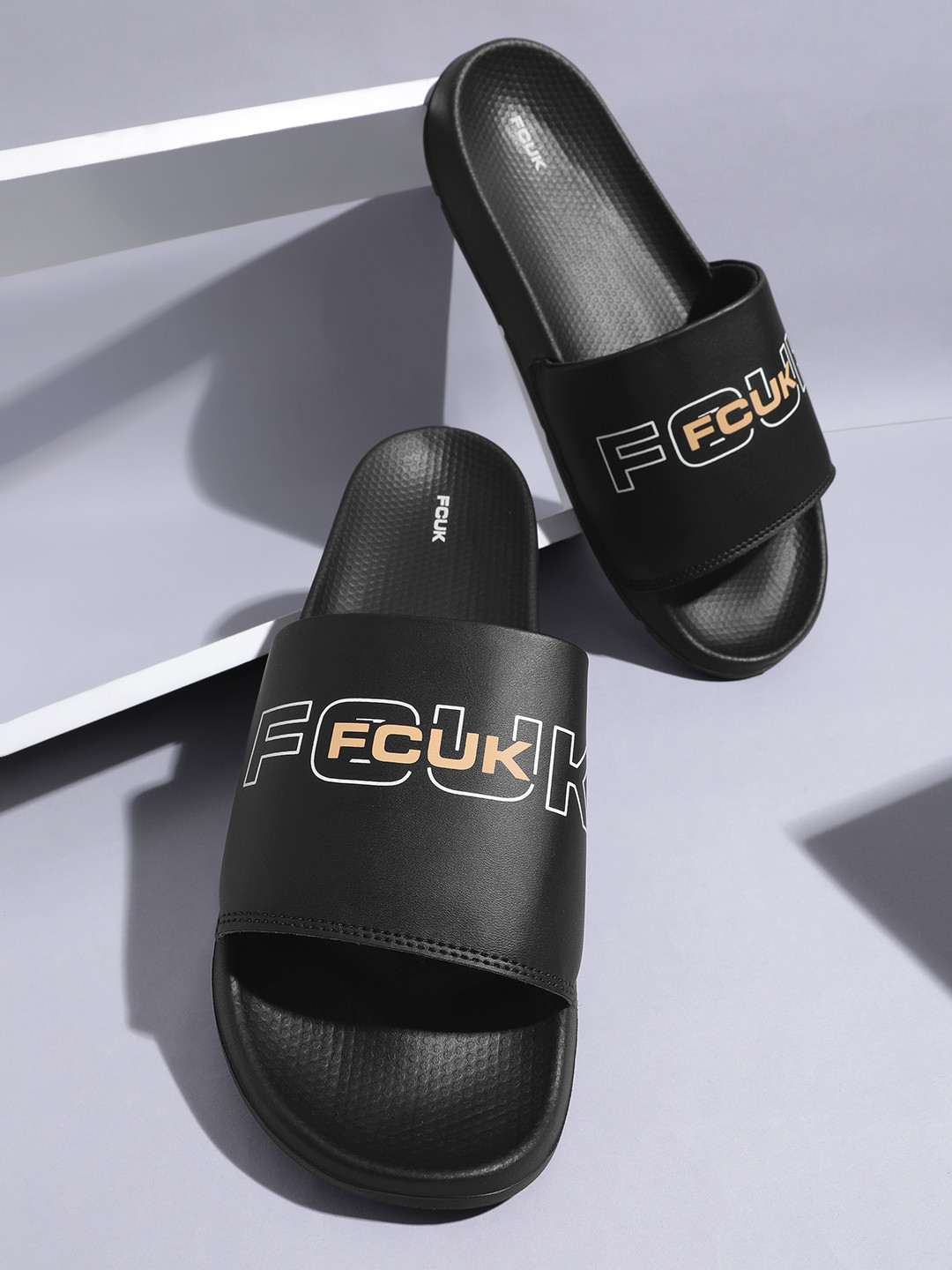 

FCUK Men Barnd Logo Printed Sliders, Black