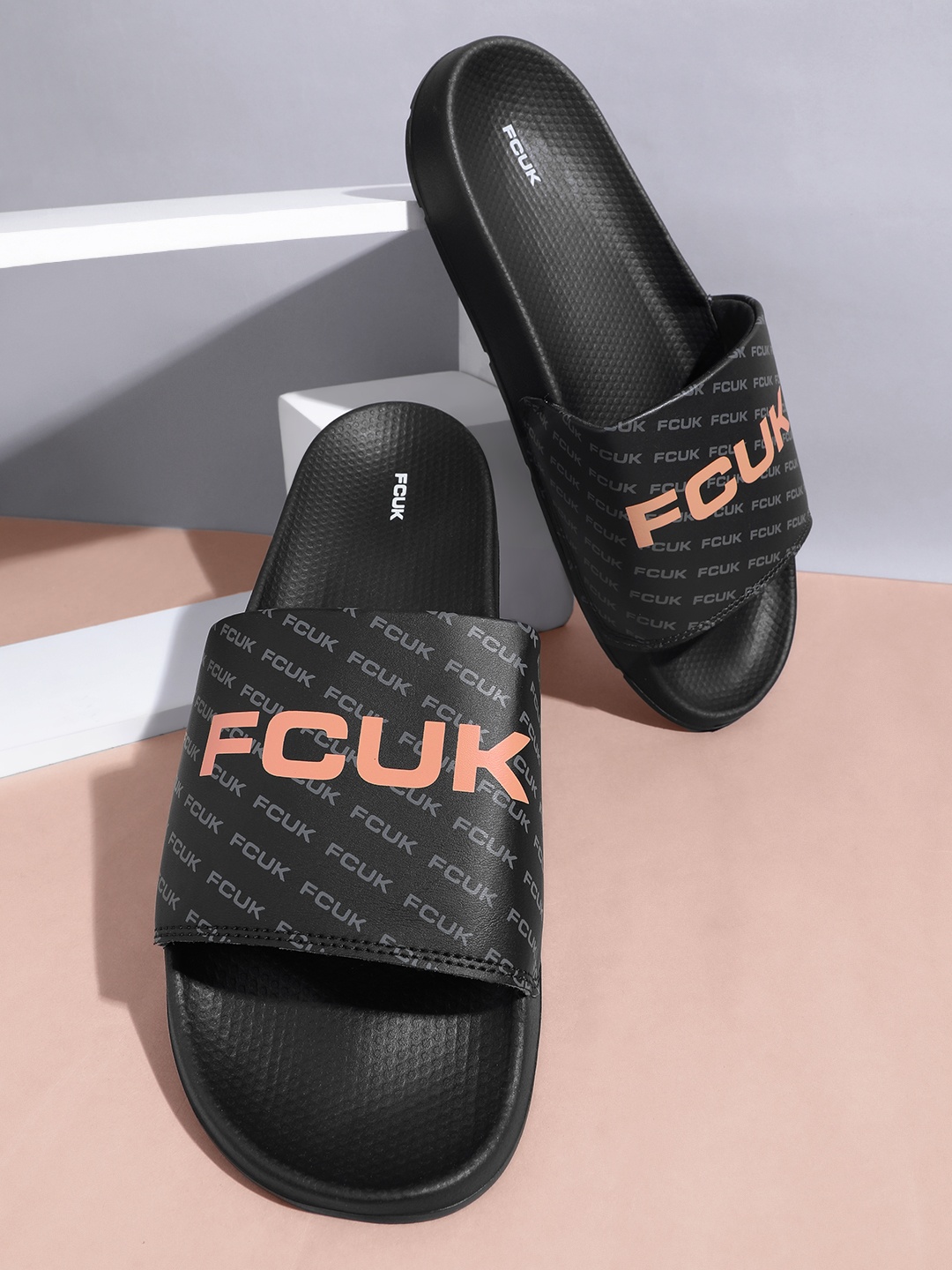 FCUK Men Brand-Logo Print Sliders, Black