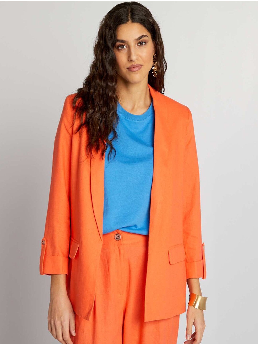 

KIABI Women Longline Open Front Jacket, Orange