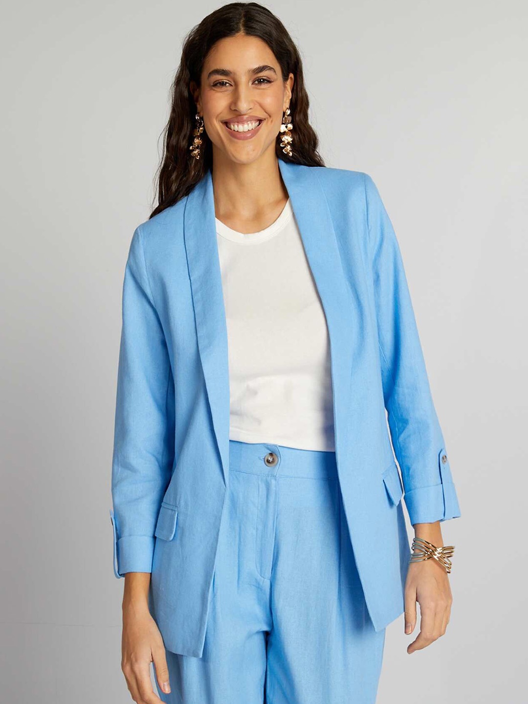 

KIABI Women Longline Open Front Jacket with Embroidered, Blue