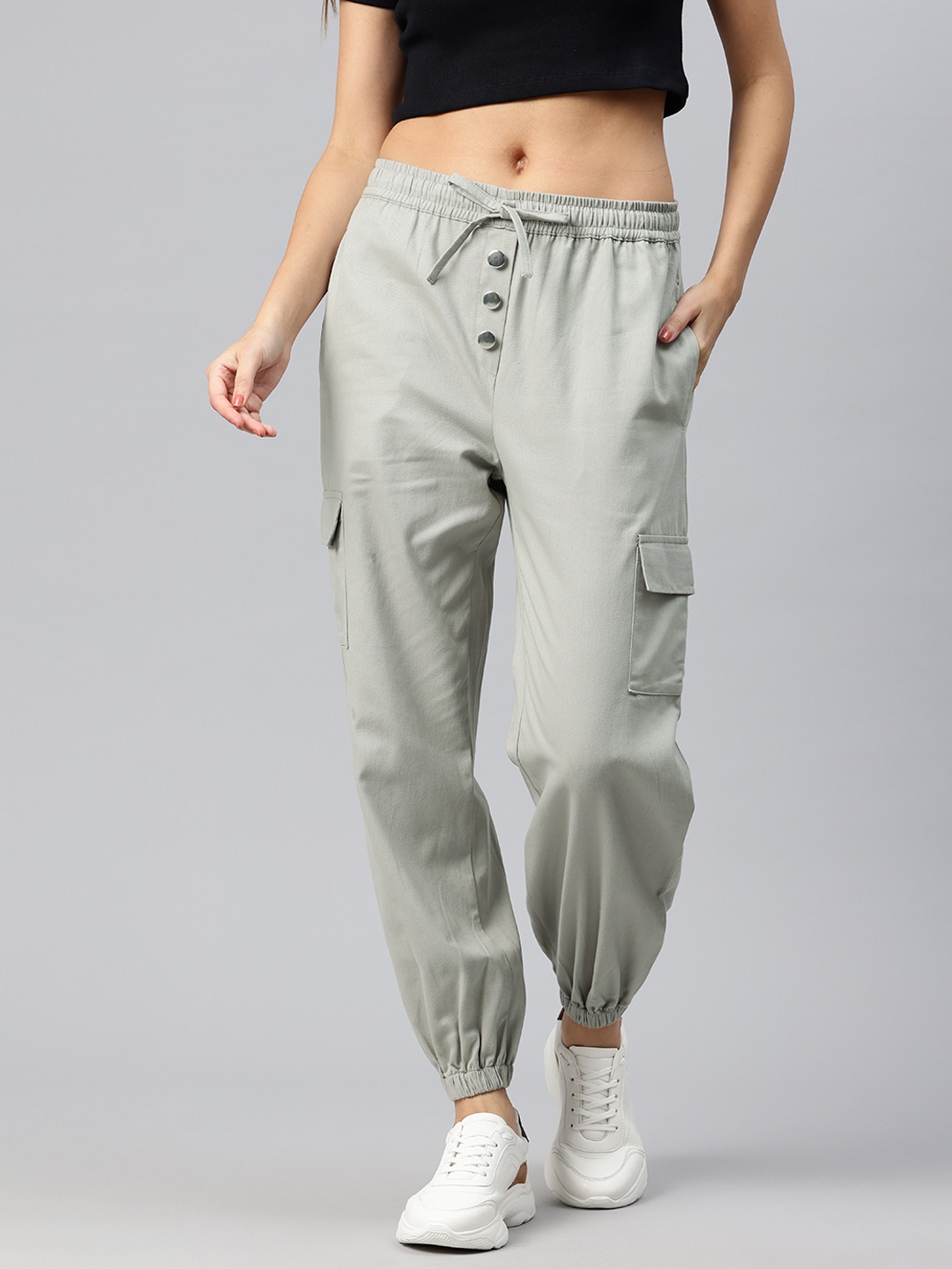

Popnetic High-Rise Pure Cotton Cargo Joggers, Grey