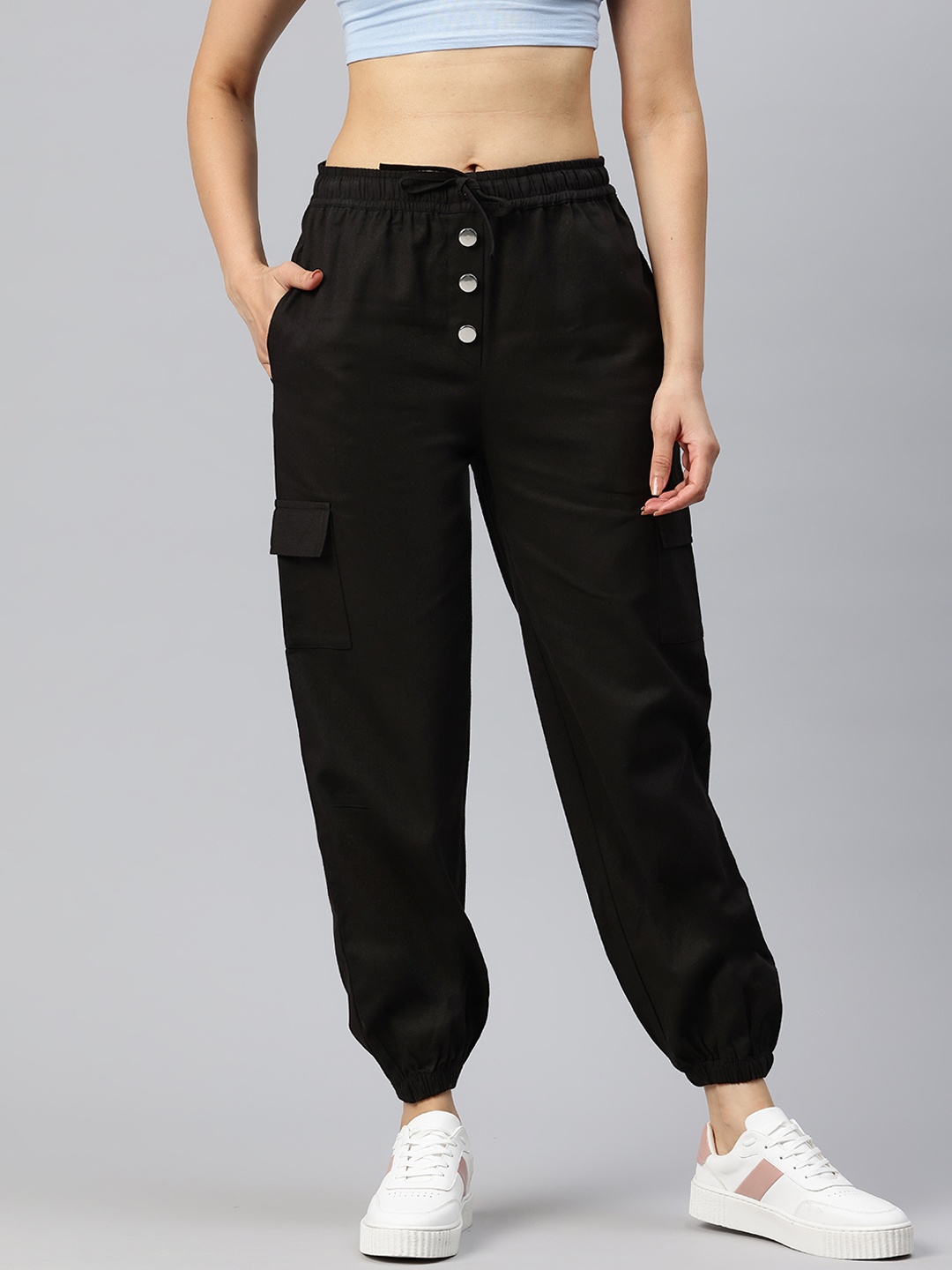 

Popnetic High-Rise Pure Cotton Cargo Joggers, Black