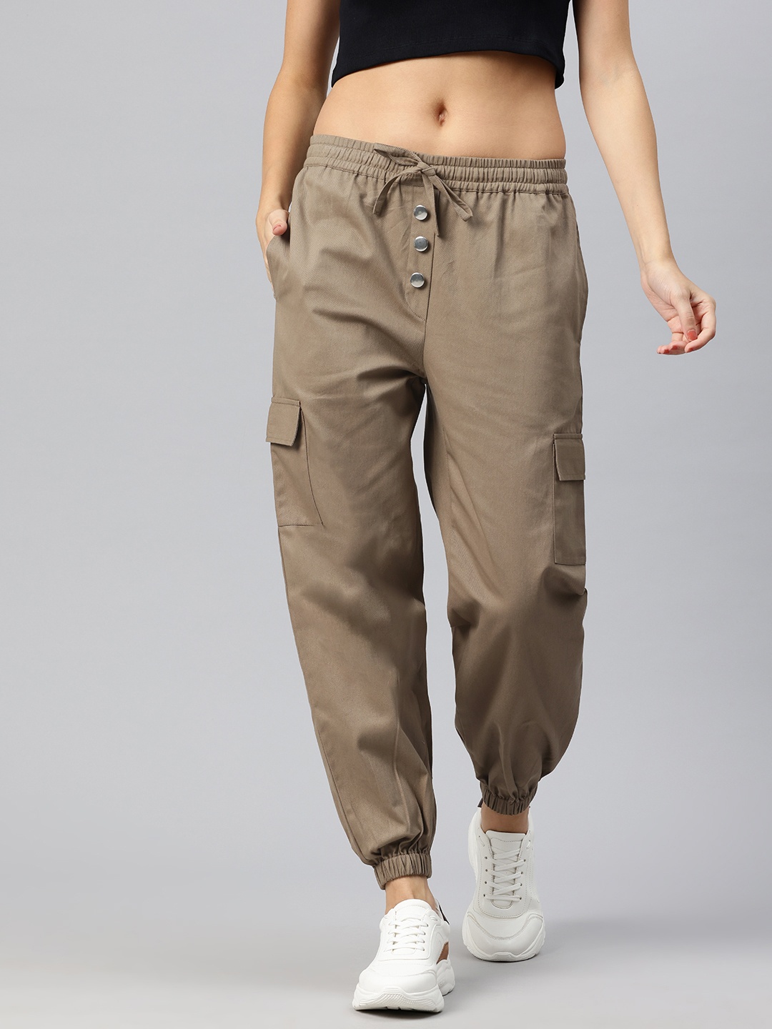 

Popnetic High-Rise Pure Cotton Cargo Joggers, Taupe