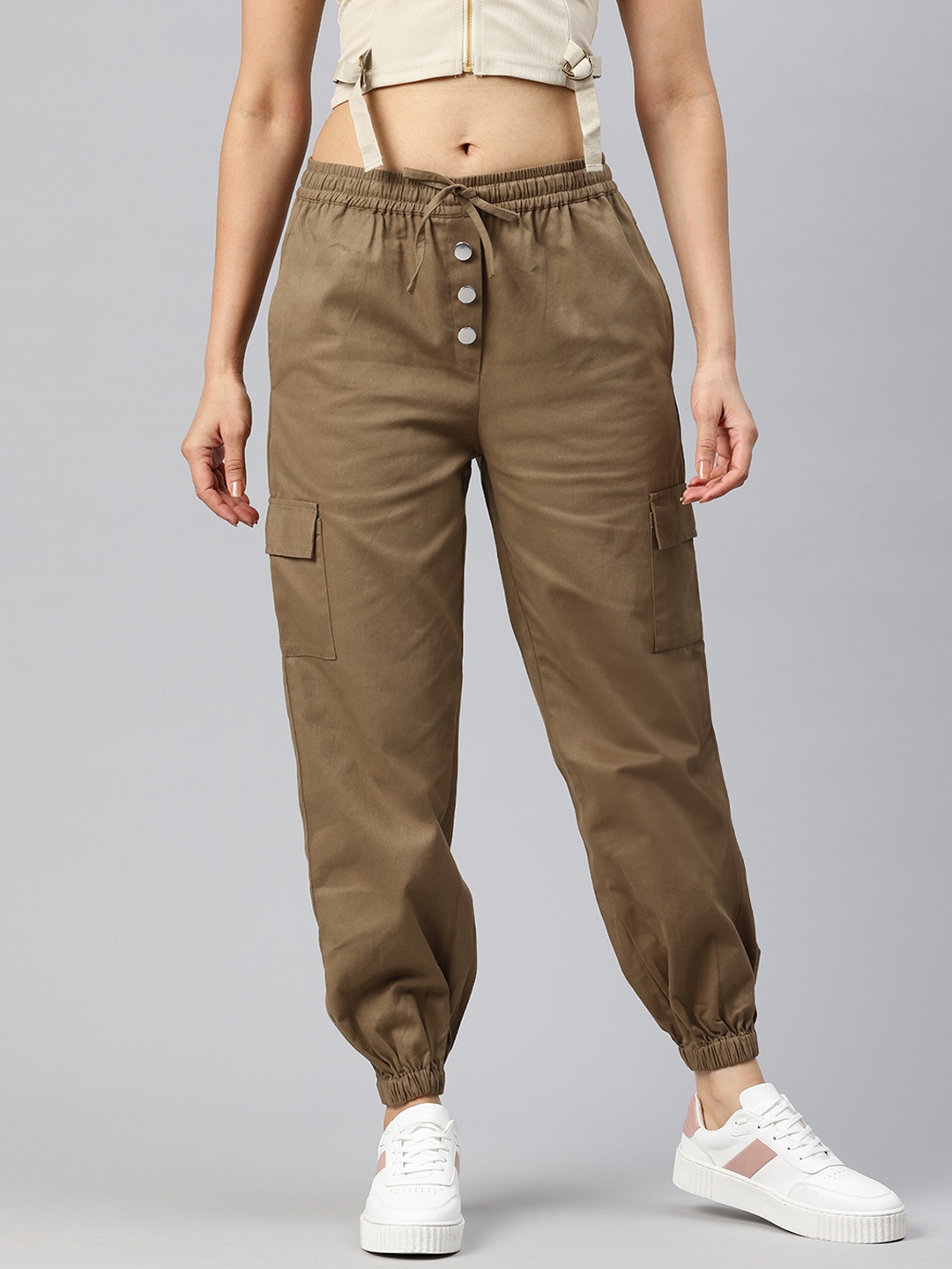 

Popnetic High-Rise Pure Cotton Cargo Joggers, Khaki