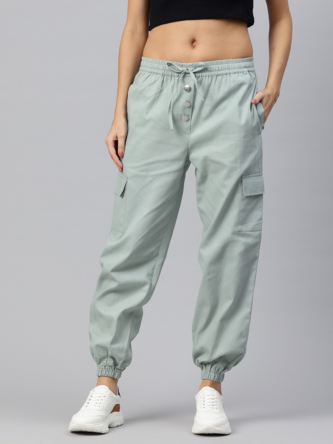 

Popnetic High-Rise Pure Cotton Cargo Joggers, Sea green