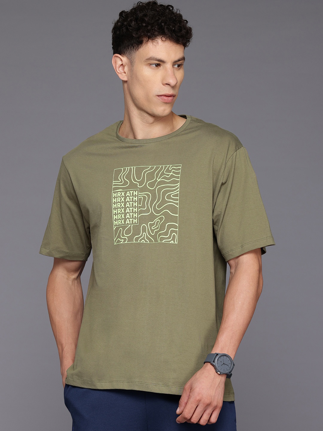 

HRX by Hrithik Roshan Printed Pure Cotton T-shirt, Olive