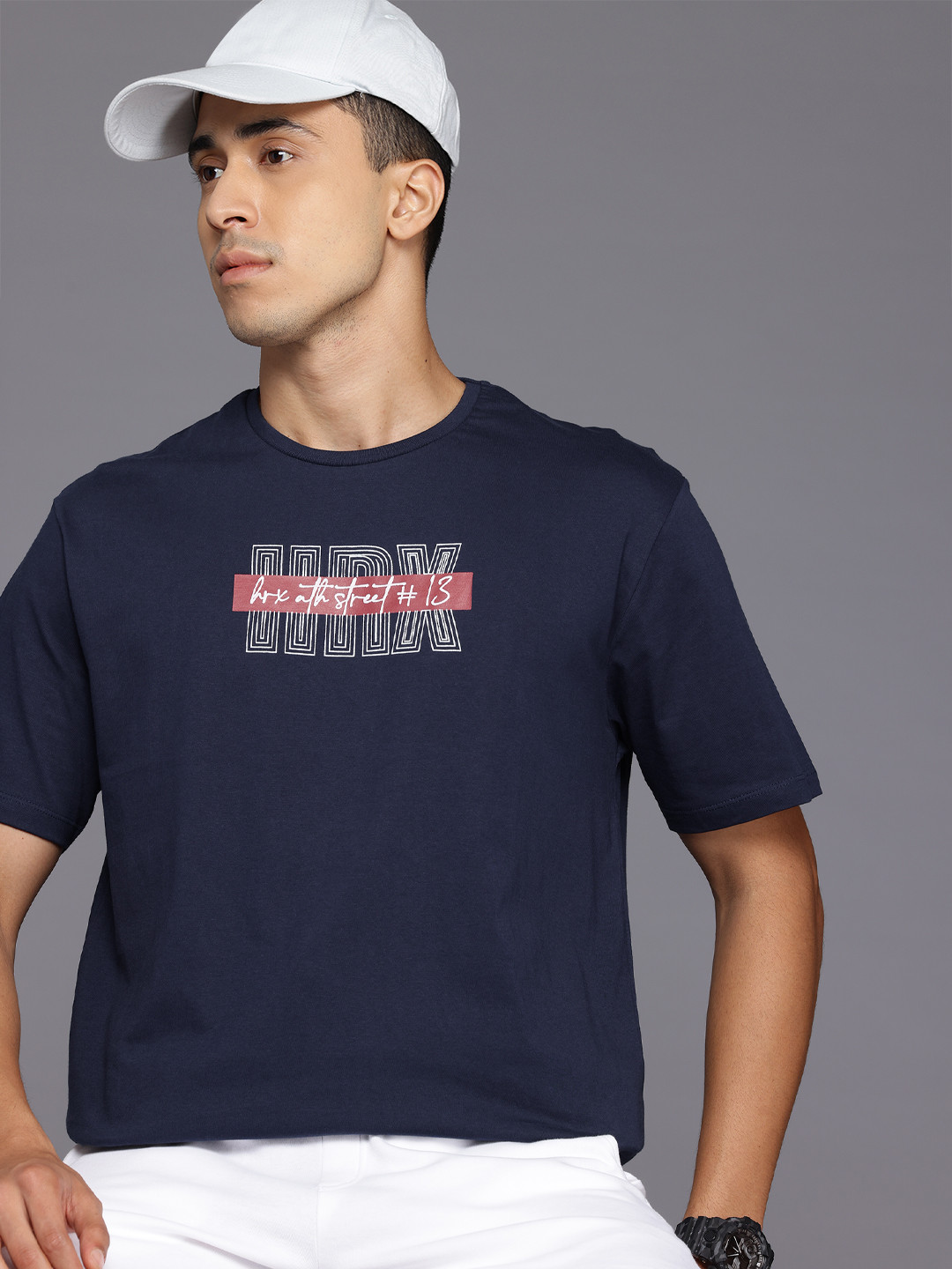 

HRX by Hrithik Roshan Men Typography Printed Relaxed Fit Pure Cotton T-shirt, Navy blue