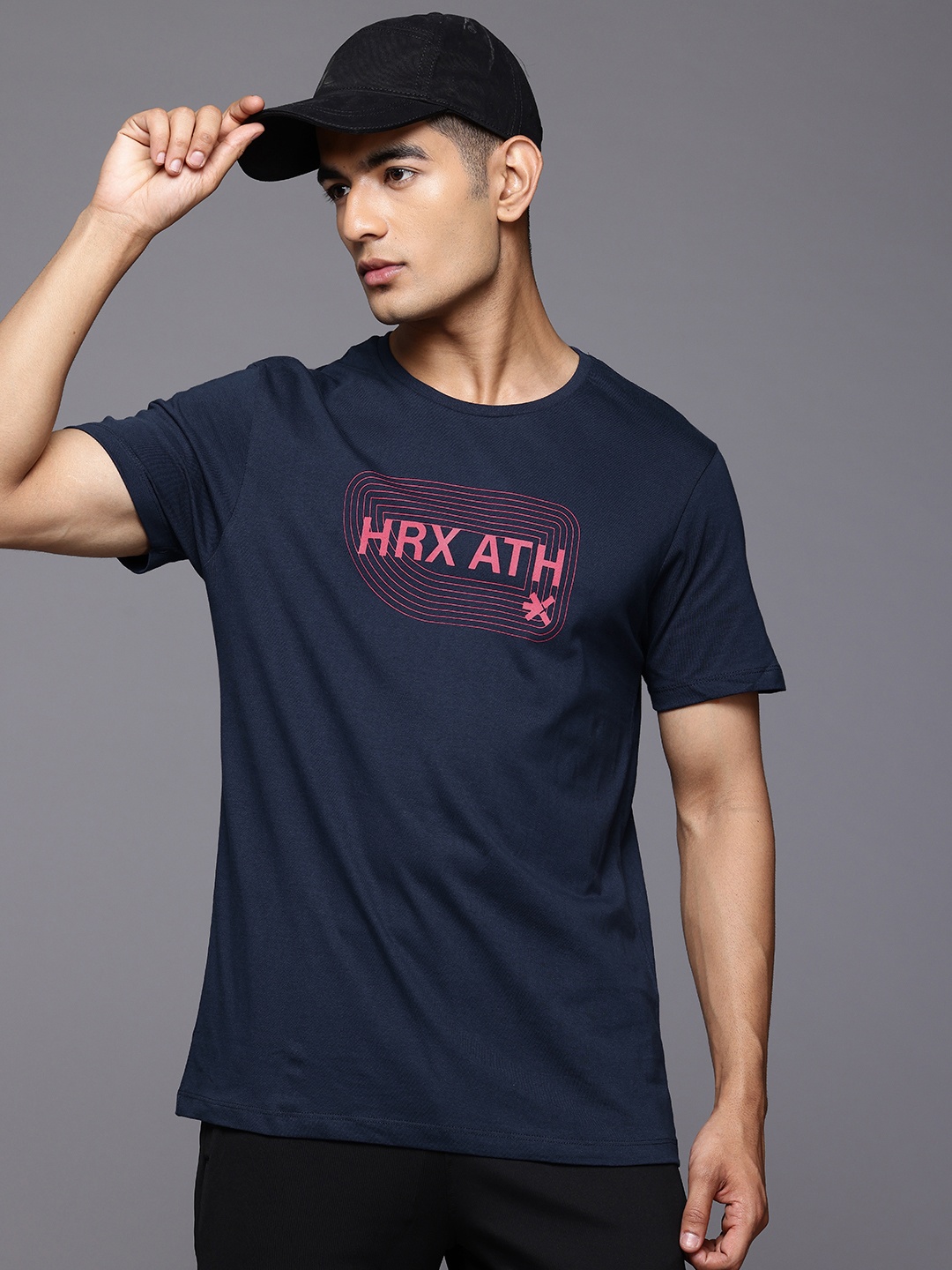 

HRX by Hrithik Roshan Men Typography Printed Pure Cotton T-shirt, Navy blue