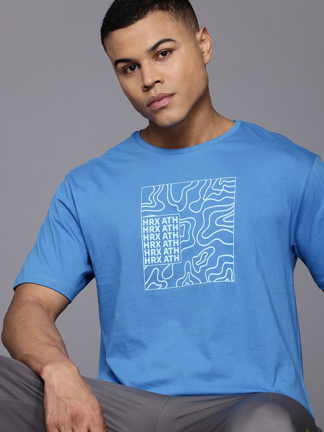 

HRX by Hrithik Roshan Men Printed Drop-Shoulder Sleeves Pure Cotton T-shirt, Blue