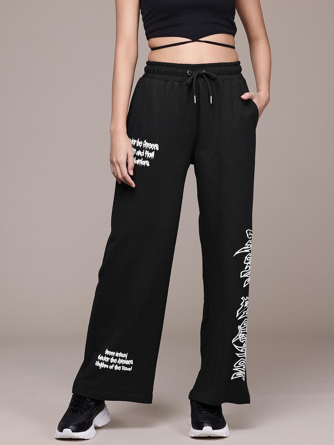 The Roadster Lifestyle Co. Women Typography Printed Track Pants, Black