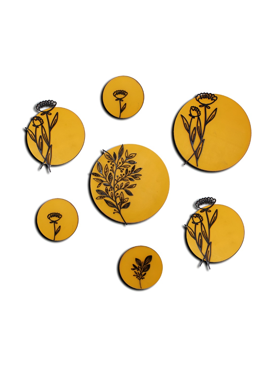 

VAH Kya Bat Hai !! Mustard Yellow & Brown 7 Pieces Floral Printed Wooden Wall Stickers