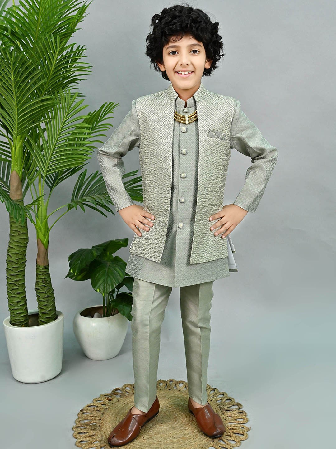 

ahhaaaa Embroidered Kids-Boys Sherwani, Grey
