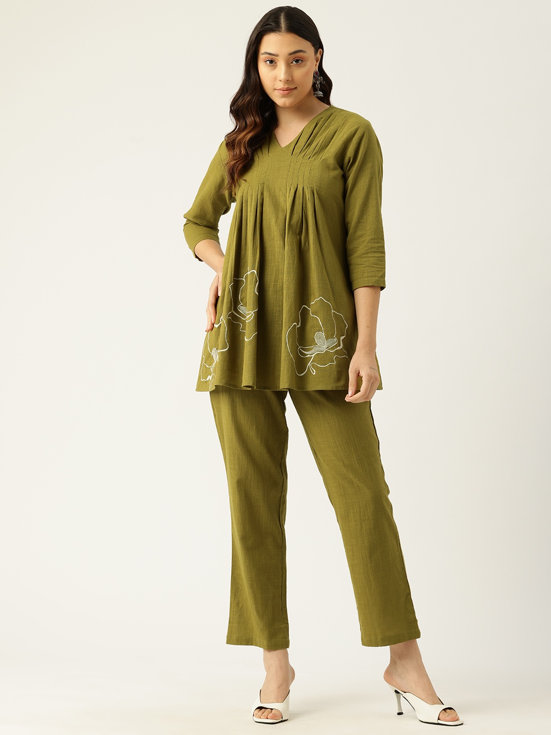 

MISRI Floral Embroidered Pure Cotton Tunic With Trousers, Green