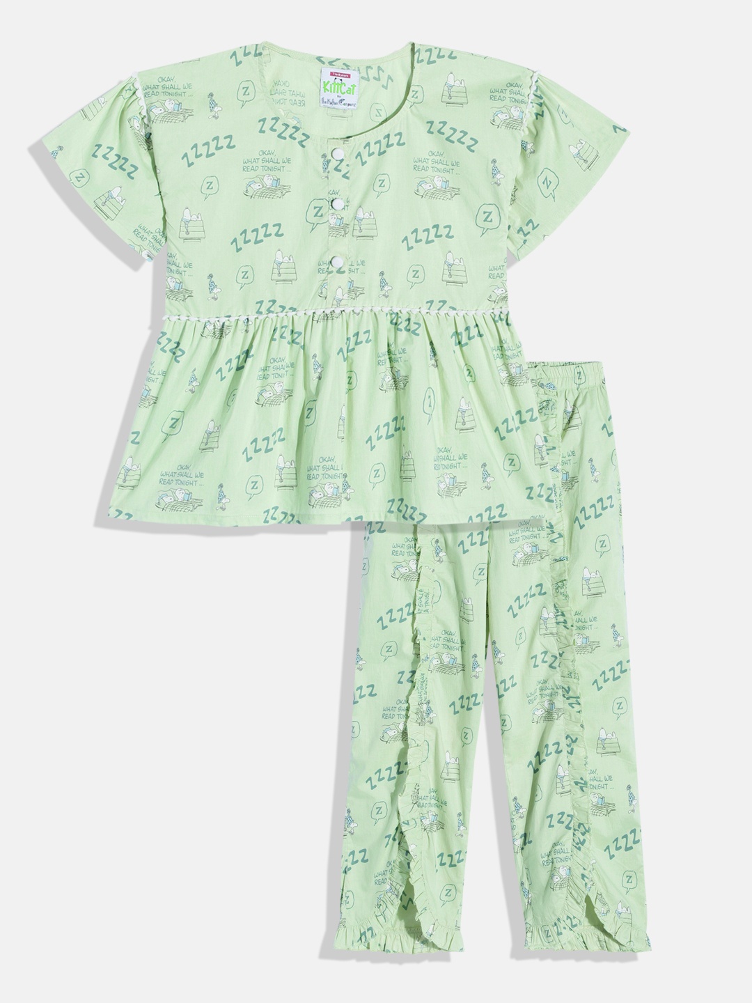 

The Kaftan Company Girls Conversational Printed Pure Cotton Night Suit, Green