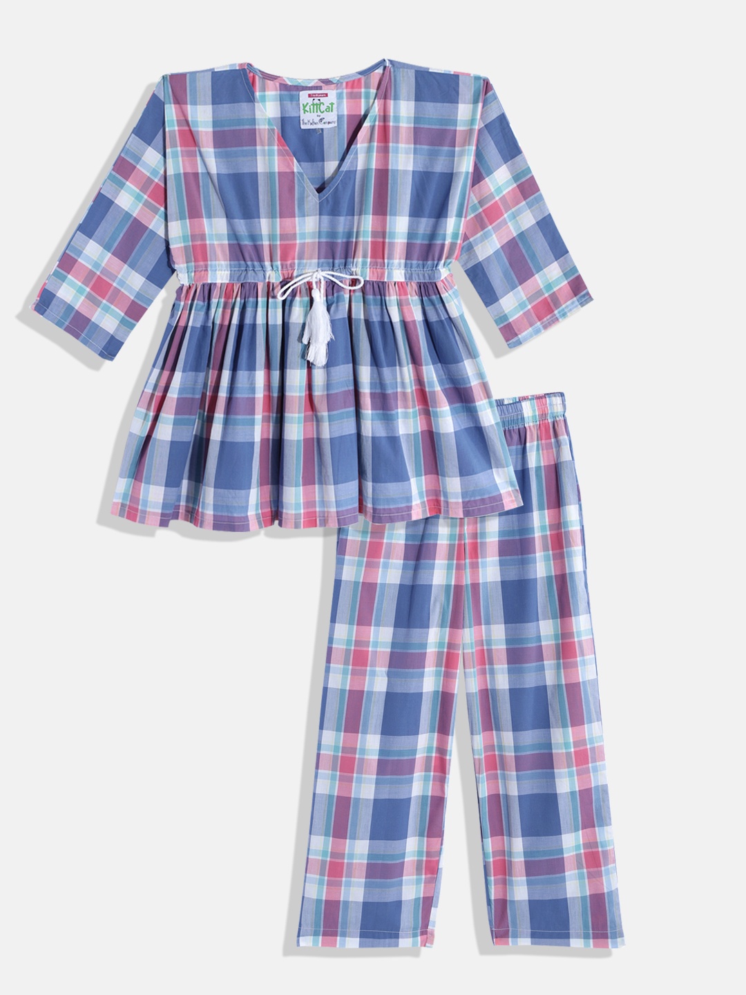 

The Kaftan Company Girls Checked Pure Cotton Night Suit, Blue