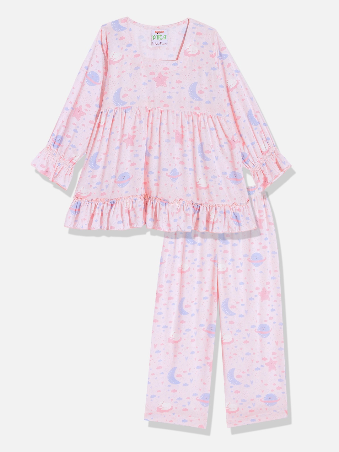

The Kaftan Company Girls Conversational Printed Night Suit, Pink