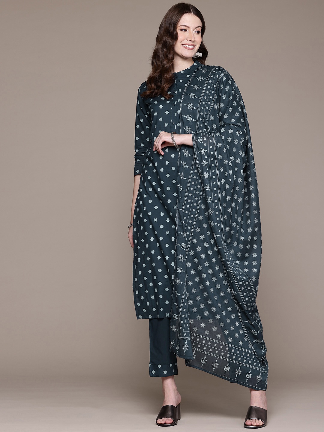 Readiprint Floral Printed Pure Cotton Kurta with Trousers & Dupatta, Teal