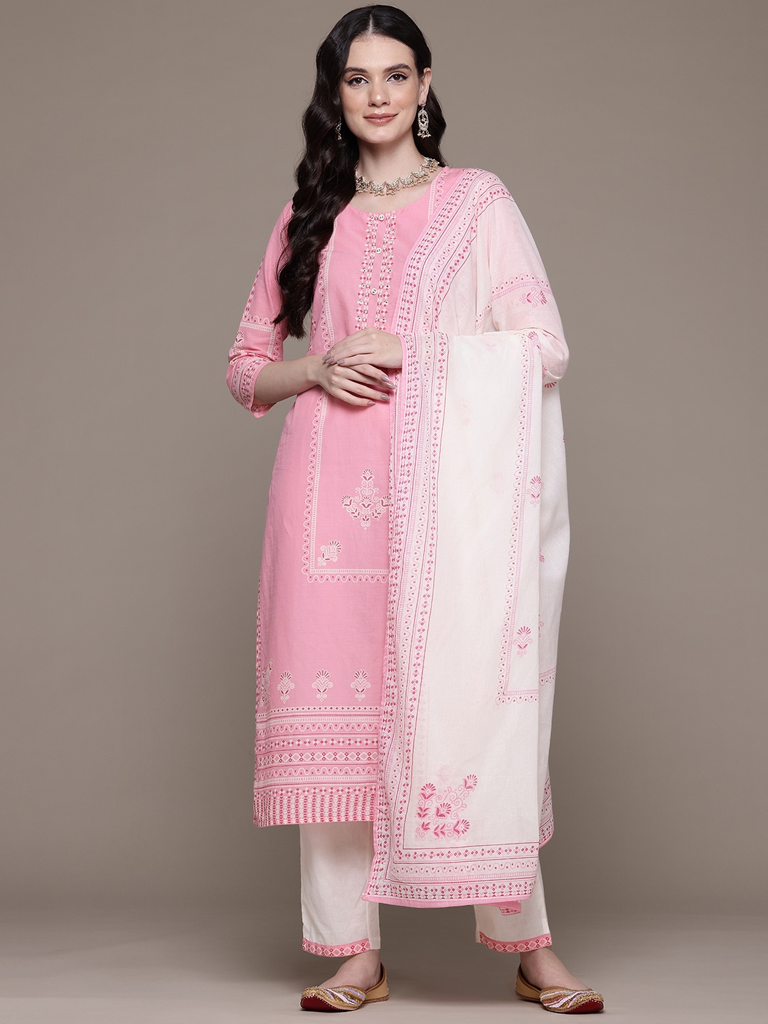 

Readiprint Fashions Floral Printed Mirror Work Pure Cotton Kurta With Trousers & Dupatta, Pink