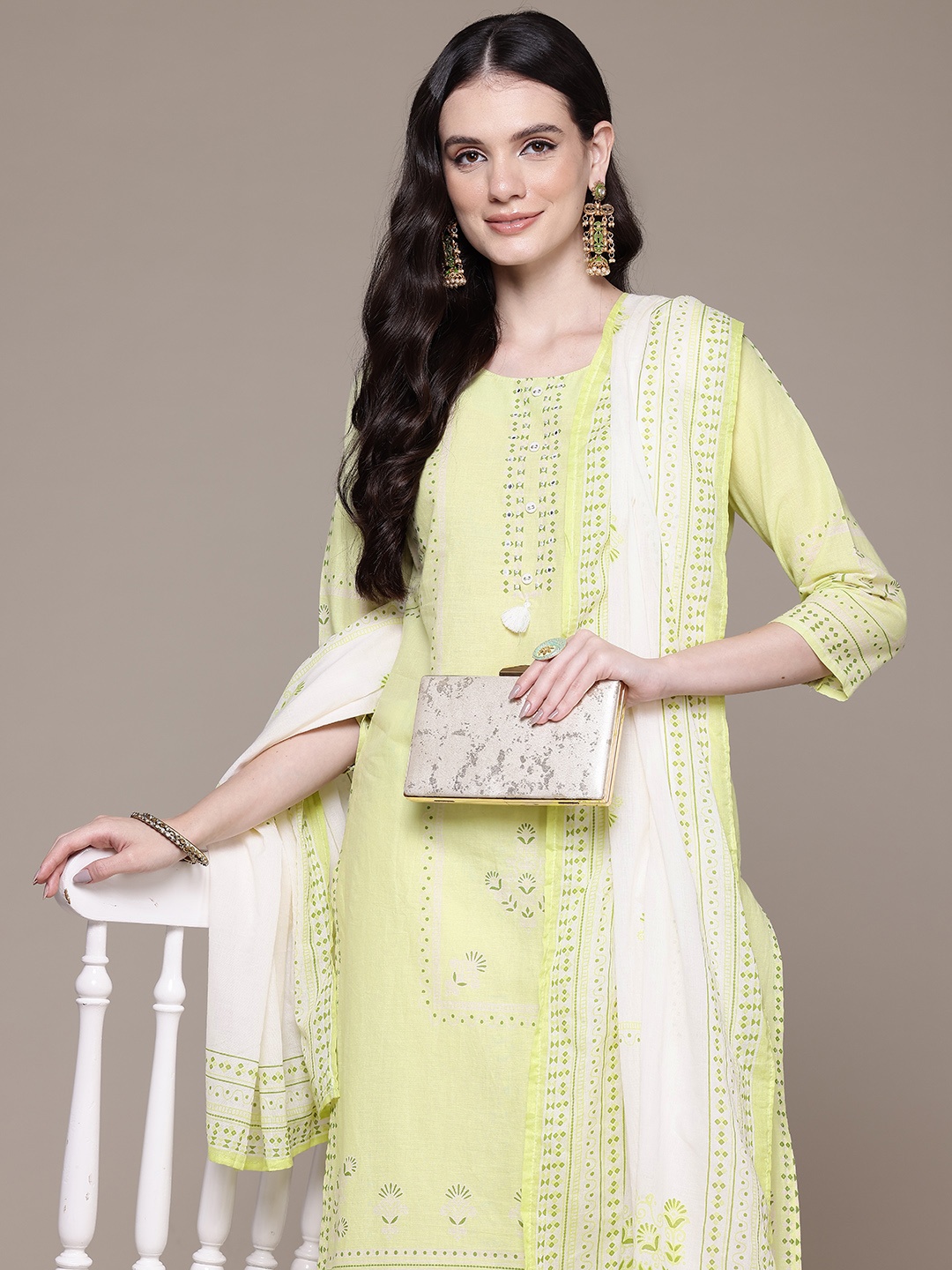 

Readiprint Fashions Floral Printed Mirror Work Pure Cotton Kurta With Trousers & Dupatta, Lime green