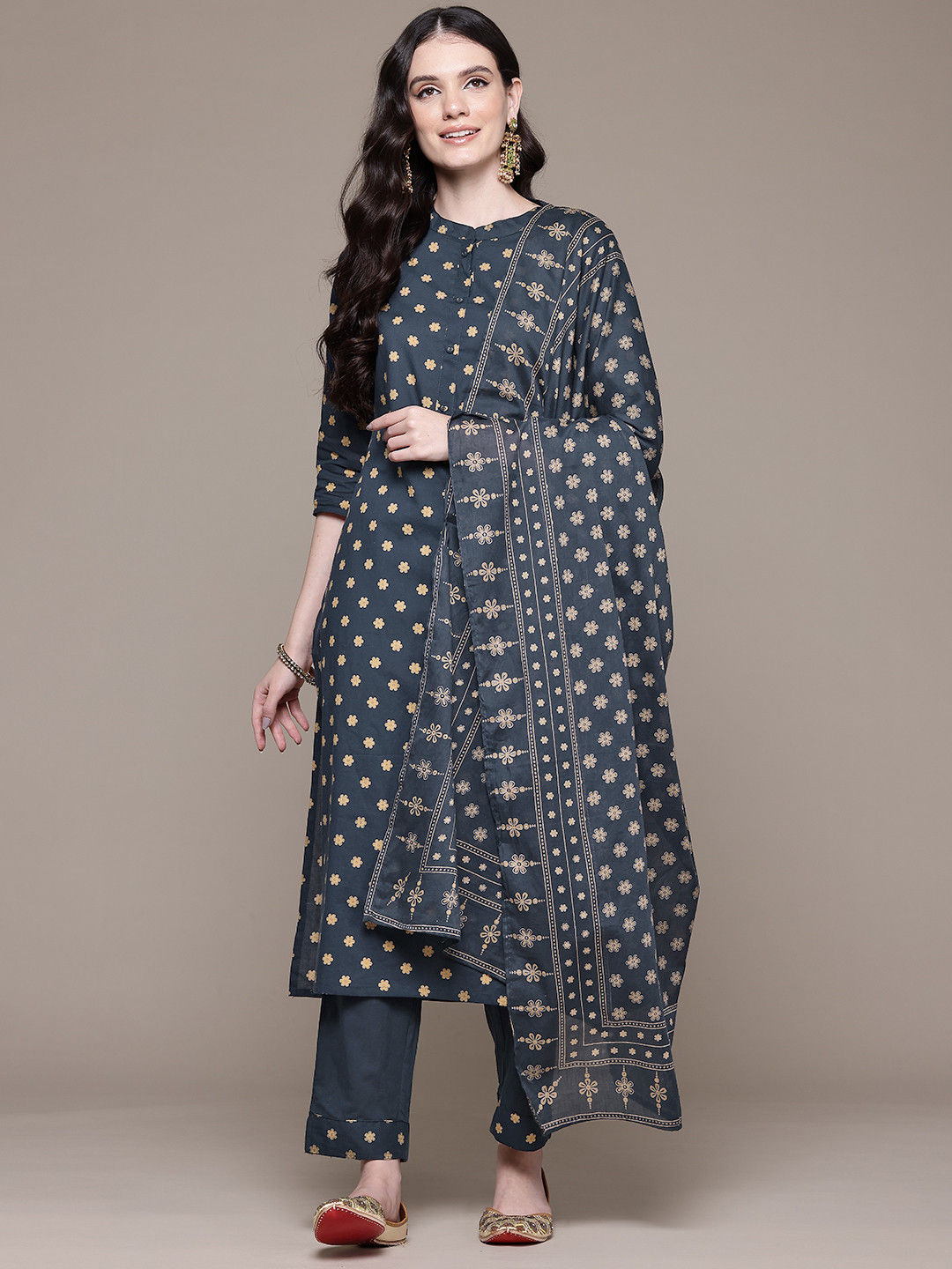 

Readiprint Floral Printed Sequinned Pure Cotton Kurta With Trousers & Dupatta, Teal