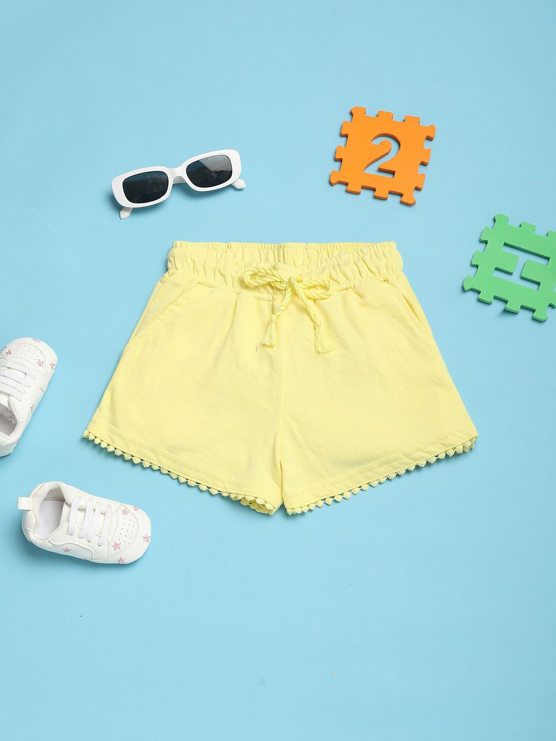

V-Mart Girls Solid Loop Knit Mid-Rise Shorts, Yellow