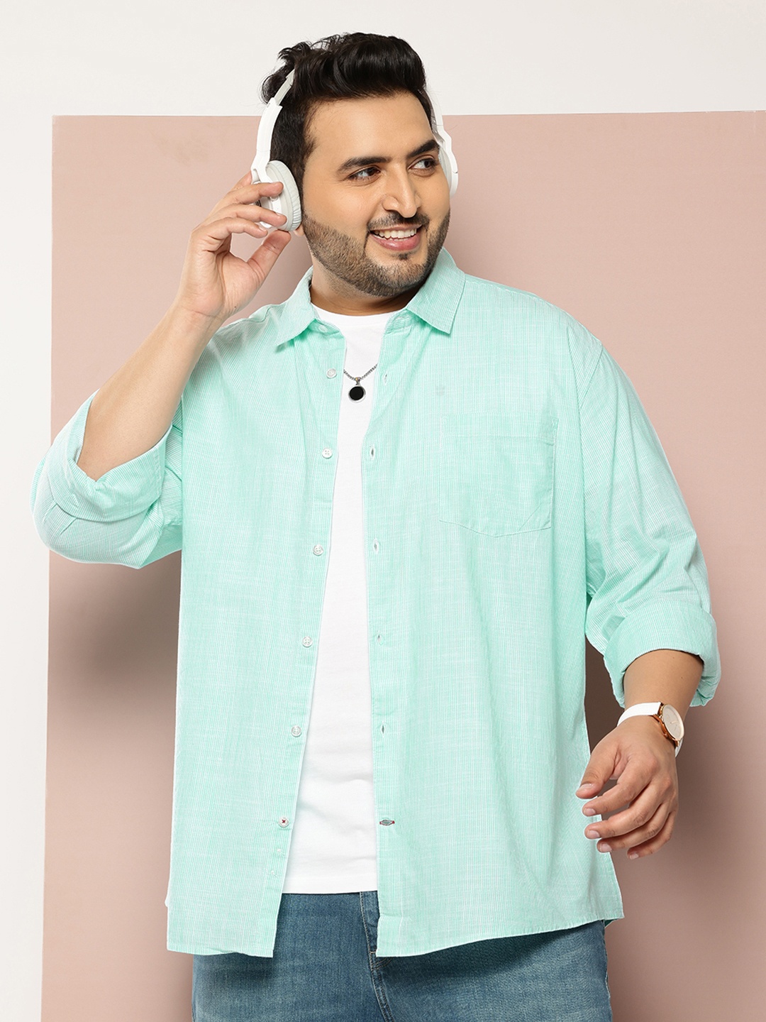 

VASTRADO Plus Size Men Classic Slim Fit Pinstriped Casual Shirt, Turquoise blue
