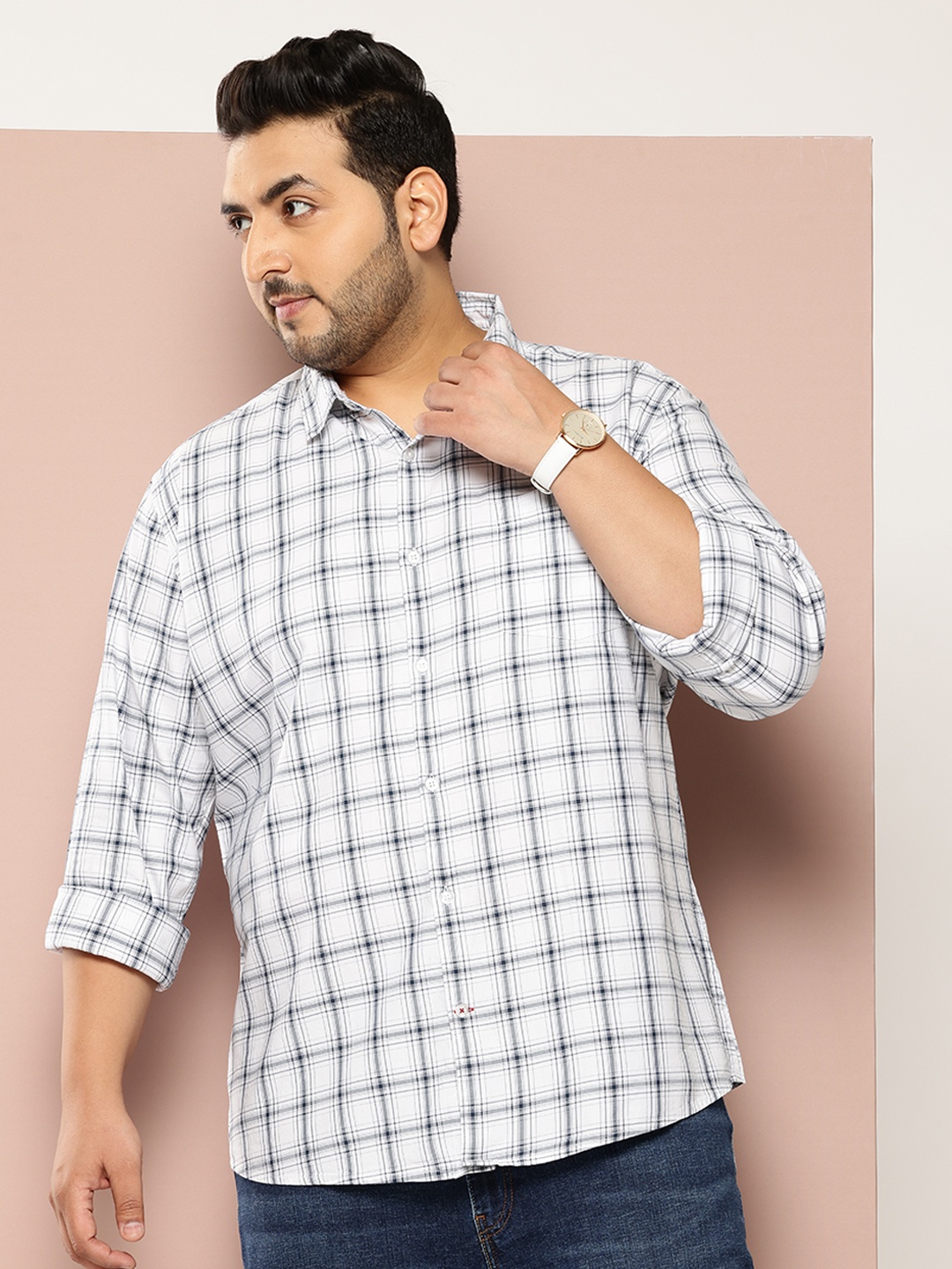 

VASTRADO Plus Size Men Classic Slim Fit Opaque Checked Casual Shirt, White